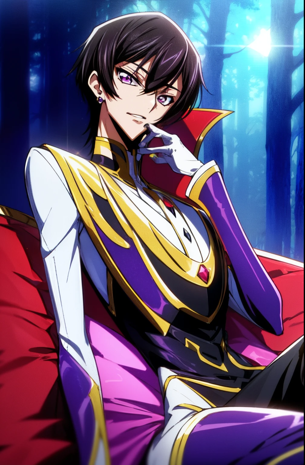 In a dark forest with trees in the background
Sitting on a red sofa,Bright purple light,
Black and yellow outfit,Black Head,head, Link string_fence, coat,gloves,
Lelouch_Lambertog,jewelry,gem,
Black_hair,purple_Eyes,earrings,short hair hair, The purple light in their eyes ,
1guy, 20yo,male,Beautiful fingerBeautiful body,Beautiful Nose,Beautiful character design, perfect eyes, perfect face,
looking at the scenes,angry, 
nsfw,formal art,Highly detailed CG module 8K rear, perfect illumination,Colored, bright_front_face_lighting,
(巨作:1.0),(best_quality:1.0), very high resolution,4k,A highly detailed,
photography, 8k, hdr, highres, absurdres:1.2, Kodak portra 400, grain du film, blurry background, bokeh:1.2, lens flare, (vibrant_color:1.2) Code Geass Zero Mask Standing High Heels