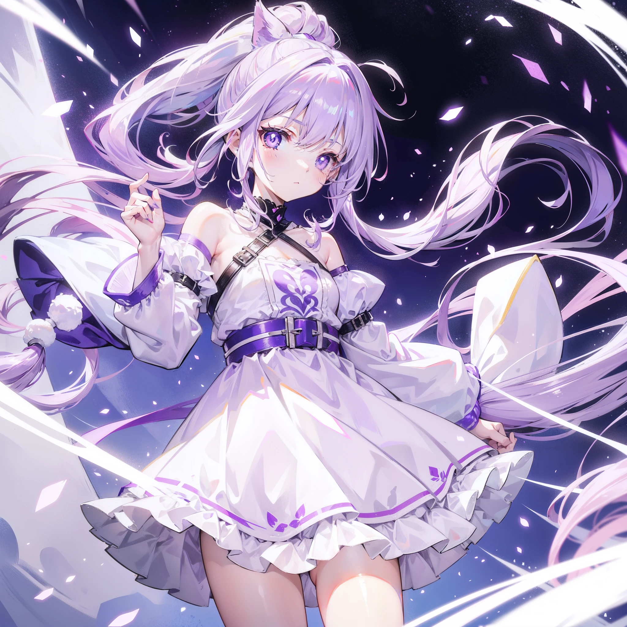 Lilac hair and ponytail,Milky white and bright light purple pupils and clothes,Petite figure,Very small, a sweet li,It's a soft girl