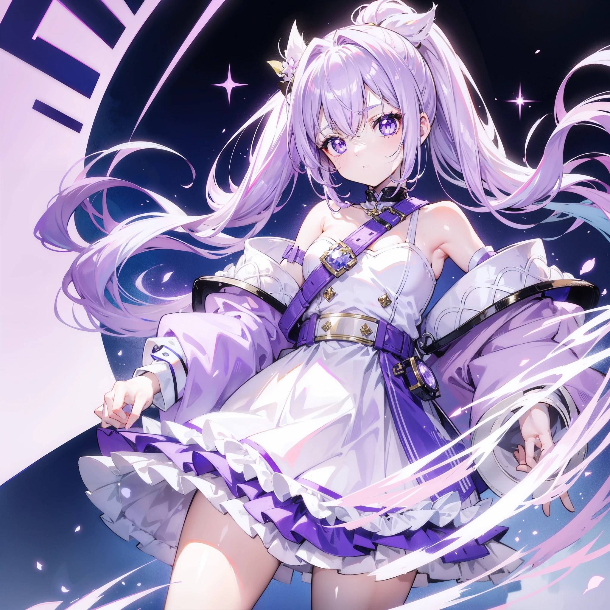 Lilac hair and ponytail,Milky white and bright light purple pupils and clothes,Petite figure,Very small, a sweet li,It's a soft girl
