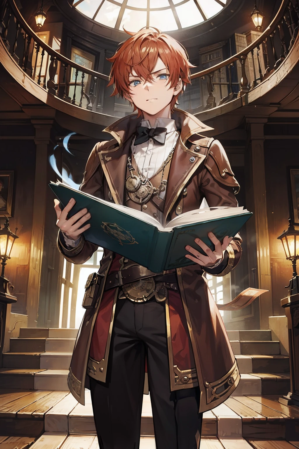Character in front steampunc male people read a book atlibrary spiraling staircase {{ember}}