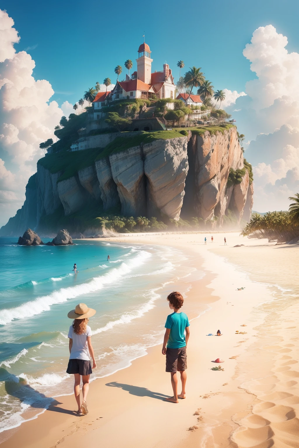 Create a colorful illustration of the beach and realistic golden island, with the brothers exploring the coast. Luke is standing in the water, interagindo com o golfinho Delfin, while Maya and Sofia are admiring the exotic plants and the wonderful shells scattered across the sand.