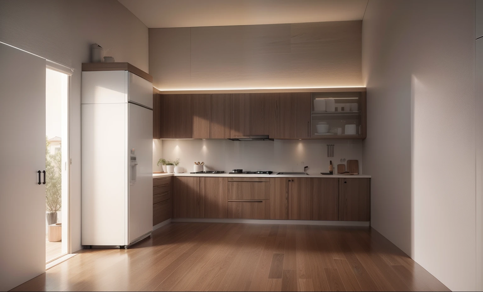 there is a kitchen with a sink, stove, and refrigerator, wood cabinets, wood accents, porcelain tiles floor, vibrant aesthetic, fresh modern look, brown wood cabinets, clean and simple, functional and elegant look, beautiful aesthetic design, retro vibe, with backdrop of natural light, vivid and detailed, modern earthy neutral earthy, clean style, modern rustic, 8k)), simple clean lines, 8k post, 8 k post,high quality picture, superb detail 8k, by Jacob Pynas, everything is real, architectural shot, modern design, colorfull, perfect