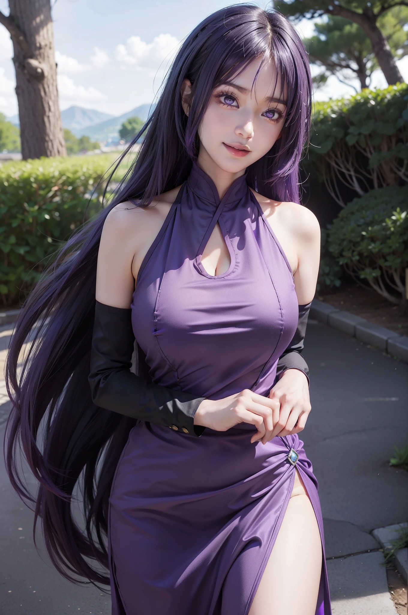 1girl, sumire in anime boruto, long hair, purple hair, purple eyes, smile, beautiful, sexy dress, sexy clothes, purple clothes, very big breast, realistic clothes, detail clothes, outdoor background, ultra detail, realistic