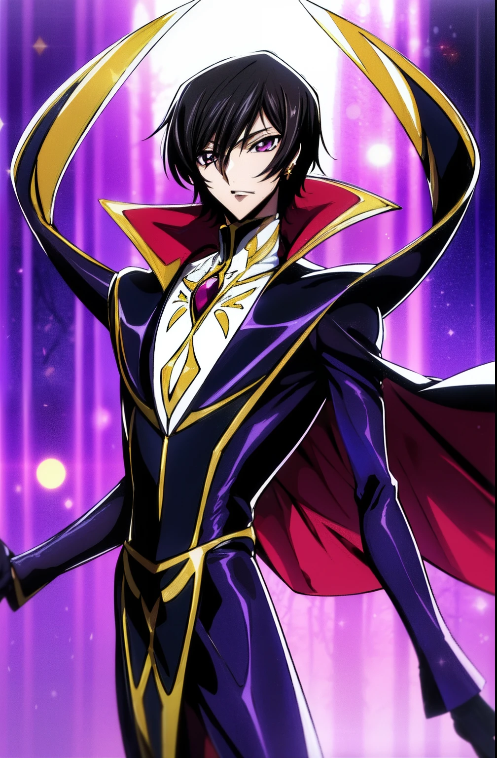 In a dark forest with trees in the background
Sitting on a red sofa,Bright purple light,
Black and yellow outfit,Black Head,head, Link string_fence, coat,gloves,
Lelouch_Lambertog,jewelry,gem,
Black_hair,purple_Eyes,earrings,short hair hair, The purple light in their eyes ,
1guy, 20yo,male,Beautiful fingerBeautiful body,Beautiful Nose,Beautiful character design, perfect eyes, perfect face,
looking at the scenes,angry, 
nsfw,formal art,Highly detailed CG module 8K rear, perfect illumination,Colored, bright_front_face_lighting,
(巨作:1.0),(best_quality:1.0), very high resolution,4k,A highly detailed,
photography, 8k, hdr, highres, absurdres:1.2, Kodak portra 400, grain du film, blurry background, bokeh:1.2, lens flare, (vibrant_color:1.2) Code Geass Zero Mask Standing High Heels