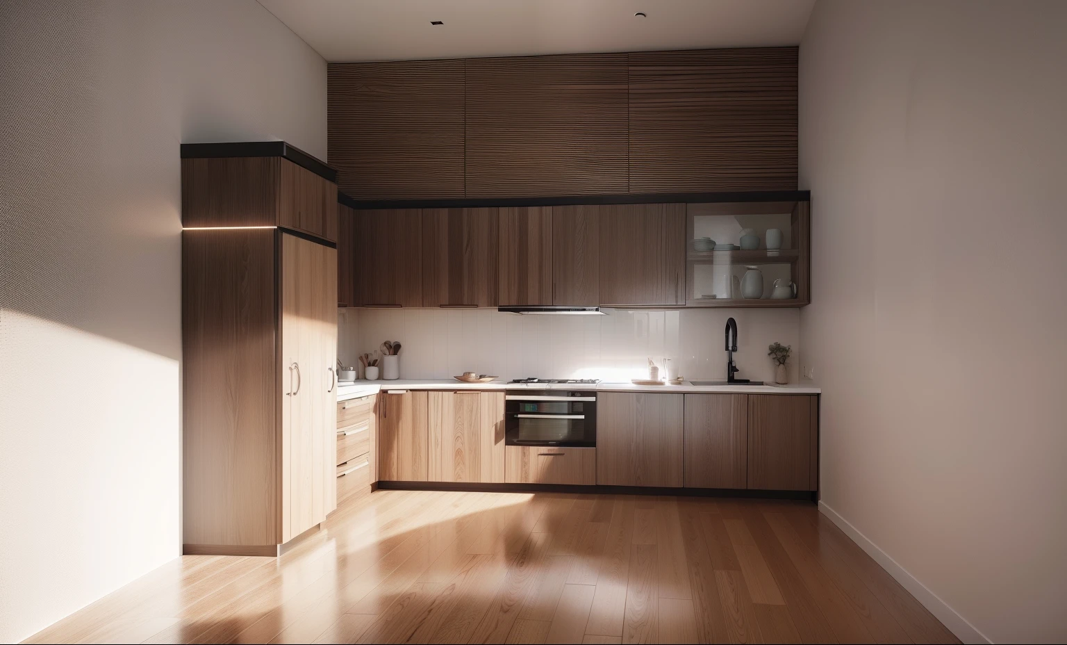 there is a kitchen with a sink, stove, and refrigerator, wood cabinets, wood accents, porcelain tiles floor, vibrant aesthetic, fresh modern look, brown wood cabinets, clean and simple, functional and elegant look, beautiful aesthetic design, retro vibe, with backdrop of natural light, vivid and detailed, modern earthy neutral earthy, clean style, modern rustic, 8k)), simple clean lines, 8k post, 8 k post,high quality picture, superb detail 8k, by Jacob Pynas, everything is real, architectural shot, modern design, colorfull, perfect