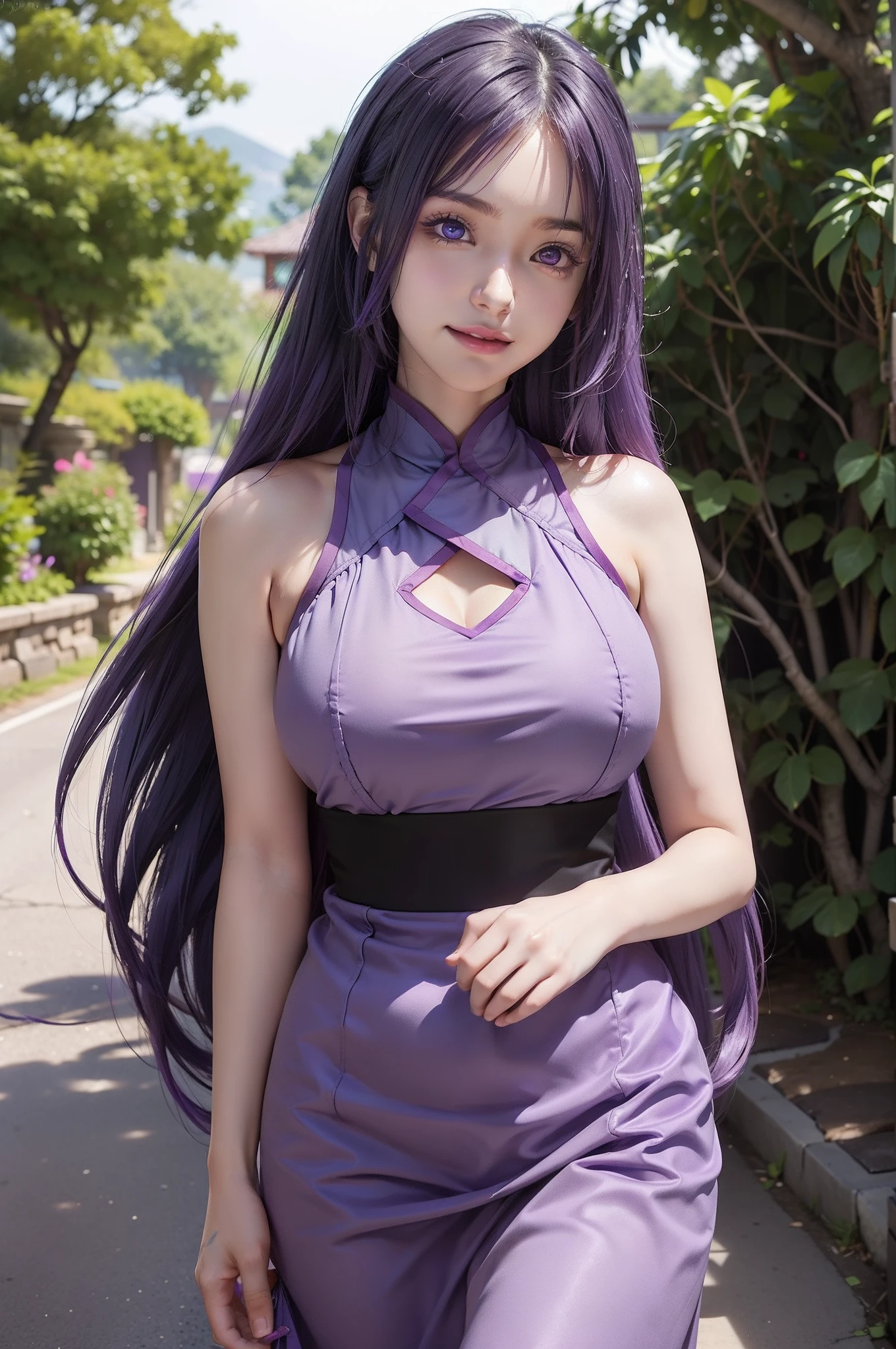 1girl, sumire in anime boruto, long hair, purple hair, purple eyes, smile, beautiful, sexy dress, sexy clothes, purple clothes, very big breast, realistic clothes, detail clothes, outdoor background, ultra detail, realistic