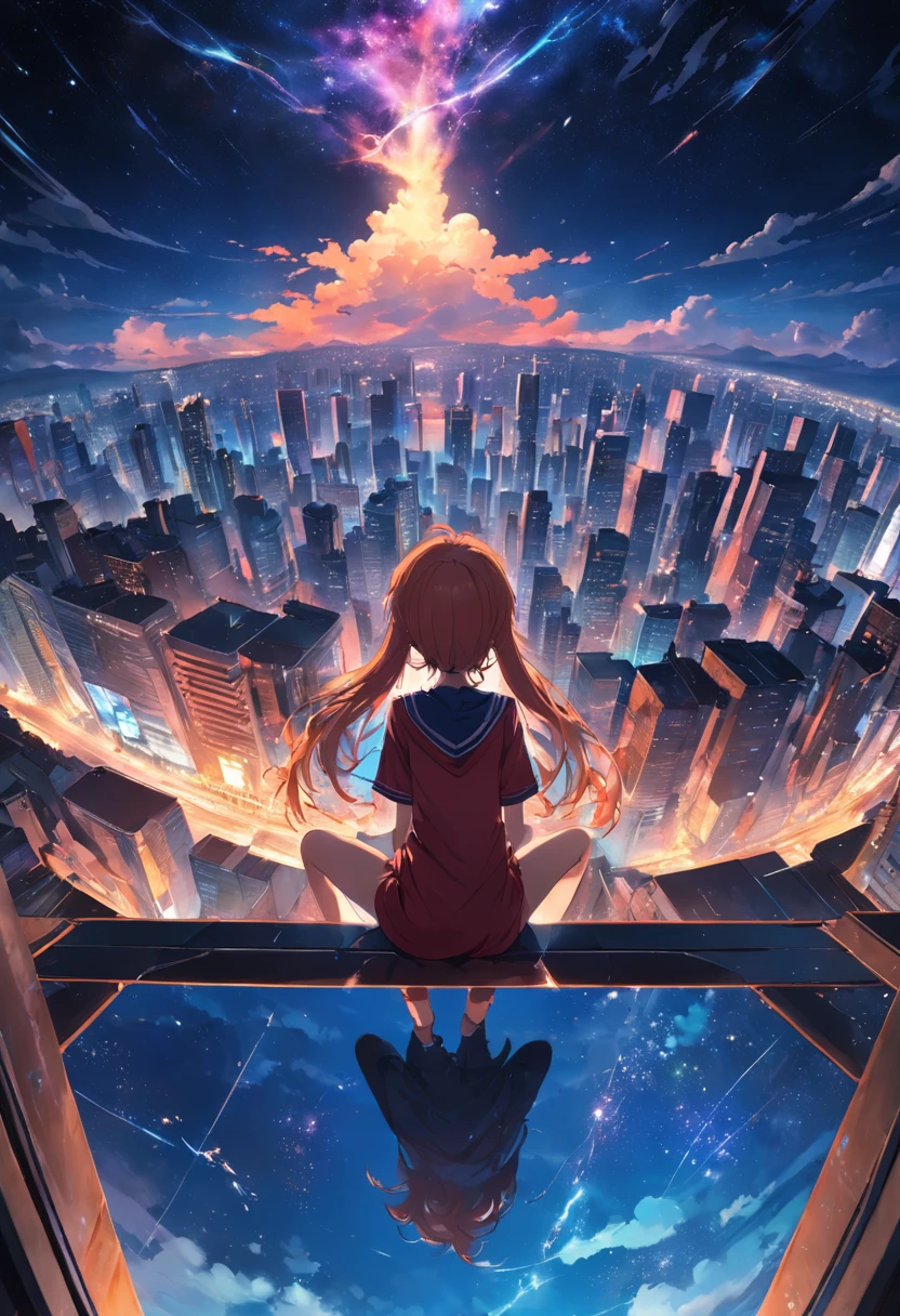 1 Outdoor girls, late, starrysky, in a panoramic view, scenecy, horizon, the roof, sitting on rooftop, ventania,(wide angles,Ultra HD details,Masterpiece, hyper HD, Super detail, High details, Best quality, A high resolution, Award-Awarded, 8K),(电影灯光)