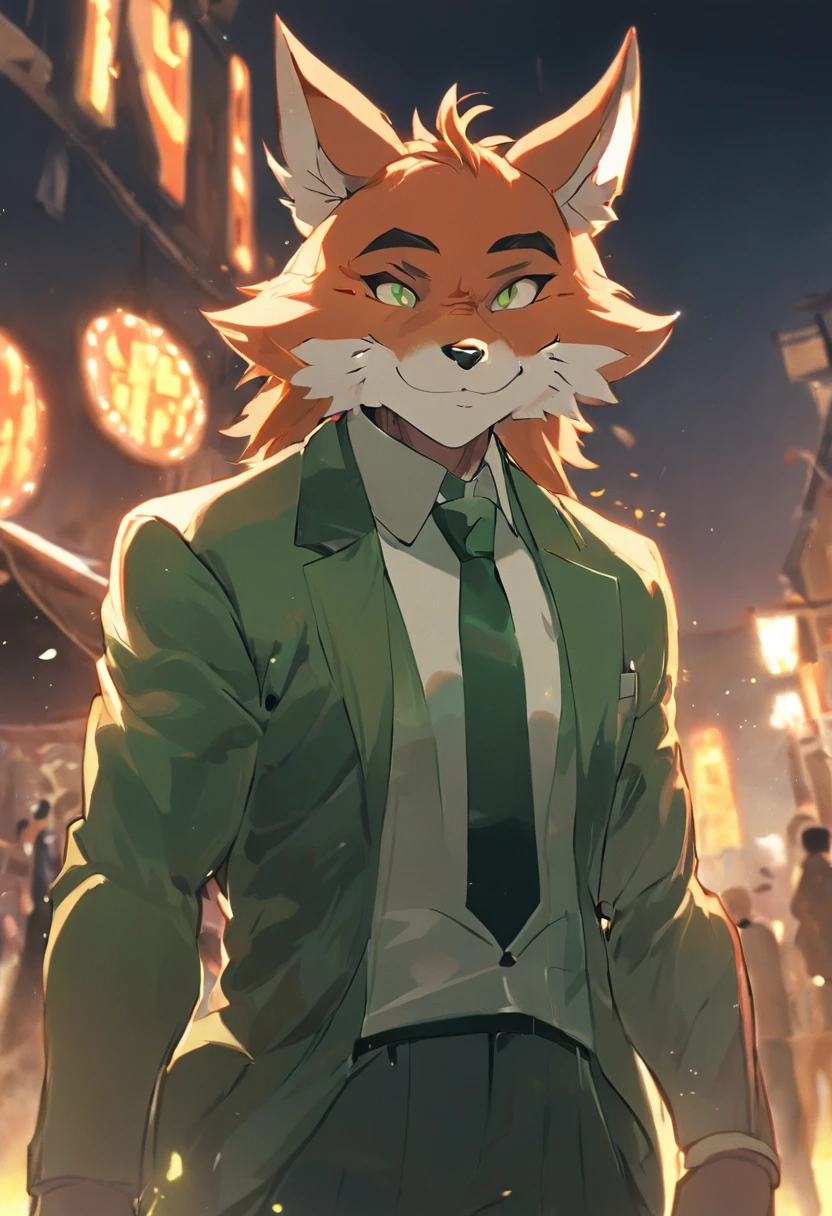 4K, high resolution, Best quality, Masterpiece, perfect colors, perfectly shaded, Perfect lighting, posted on e621, (by Chunie), Furry, anthro, Furry art, ((Portrait)), anthro male fox,, Two-tone leather，（Lunette de soleil，cigars），hairy bodies, Green eyes, Perfect male bodyPerfect male figure, Wear men's suits，,Abs，musculature,Detailed fur, Detailed face, Perfect face, (The stands up), Detailed background, ((Bonifasko lighting)), coda, (Detailed eyes), perfect pupils