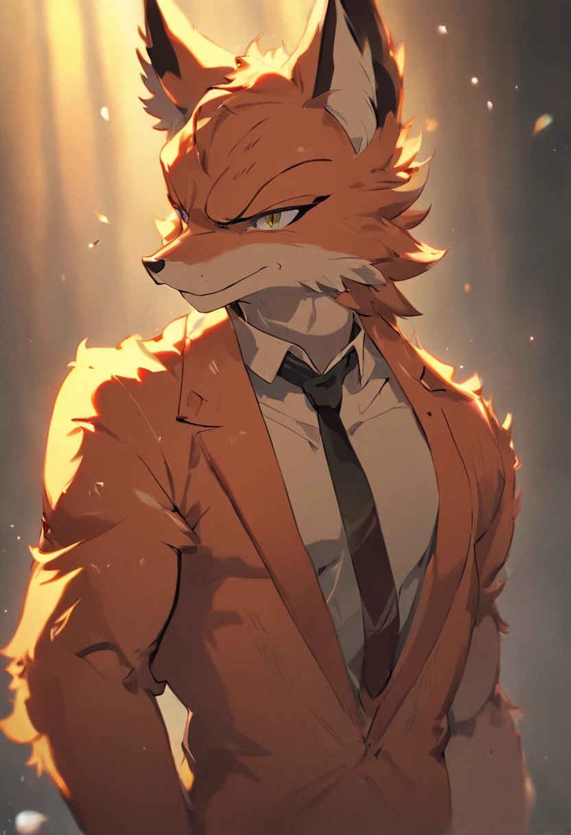 4K, high resolution, Best quality, Masterpiece, perfect colors, perfectly shaded, Perfect lighting, posted on e621, (by Chunie), Furry, anthro, Furry art, ((Portrait)), anthro male fox,, Two-tone leather,(Lunette de soleil,cigars),hairy bodies, Green eyes, Perfect male bodyPerfect male figure, Wear men's suits,,Abs,musculature,Detailed fur, Detailed face, Perfect face, (The stands up), Detailed background, ((Bonifasko lighting)), coda, (Detailed eyes), perfect pupils