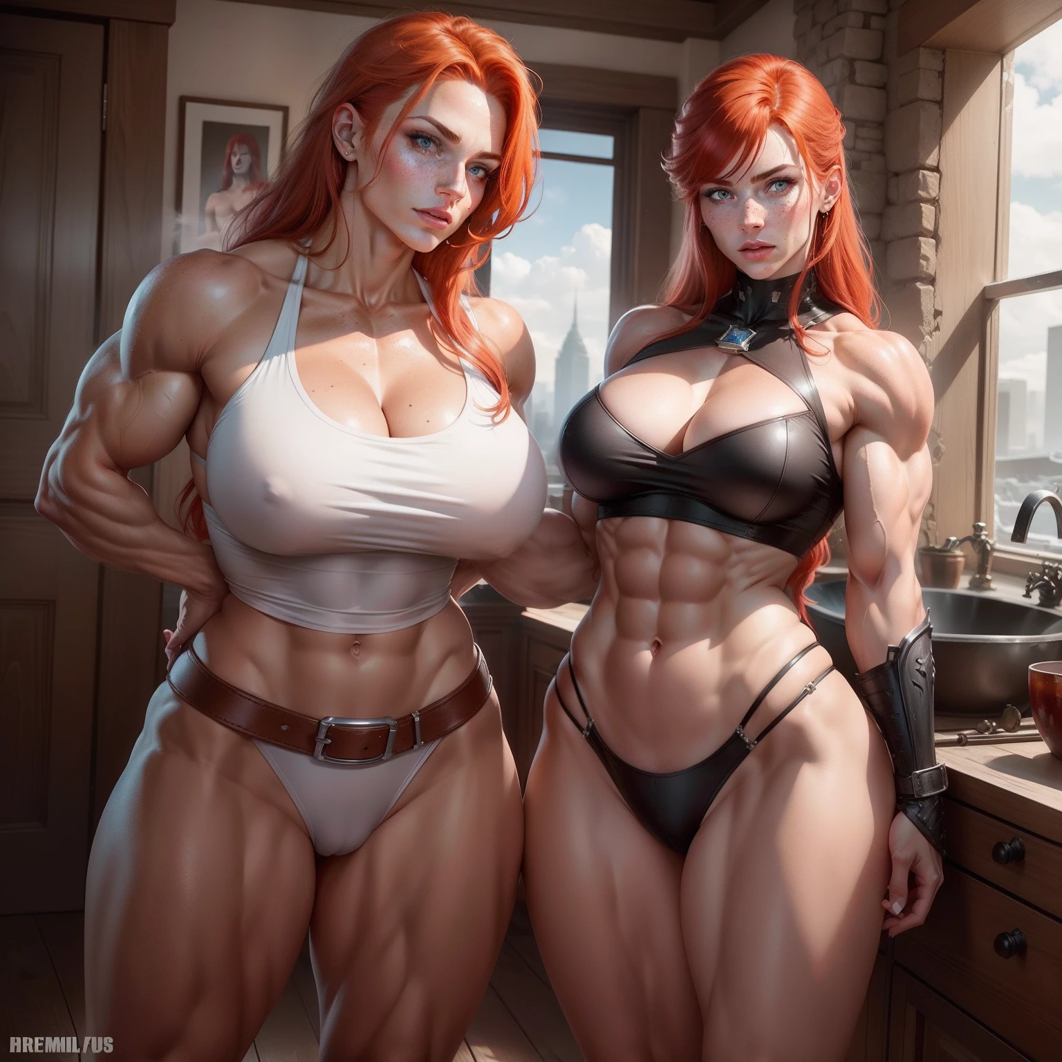 Redhead Ice Queen, Muscular, tight abs, realistic, freckles, big bicep, full body, muscular calves, large breast, beautiful, beautiful face, detailed face, hermaphrodite