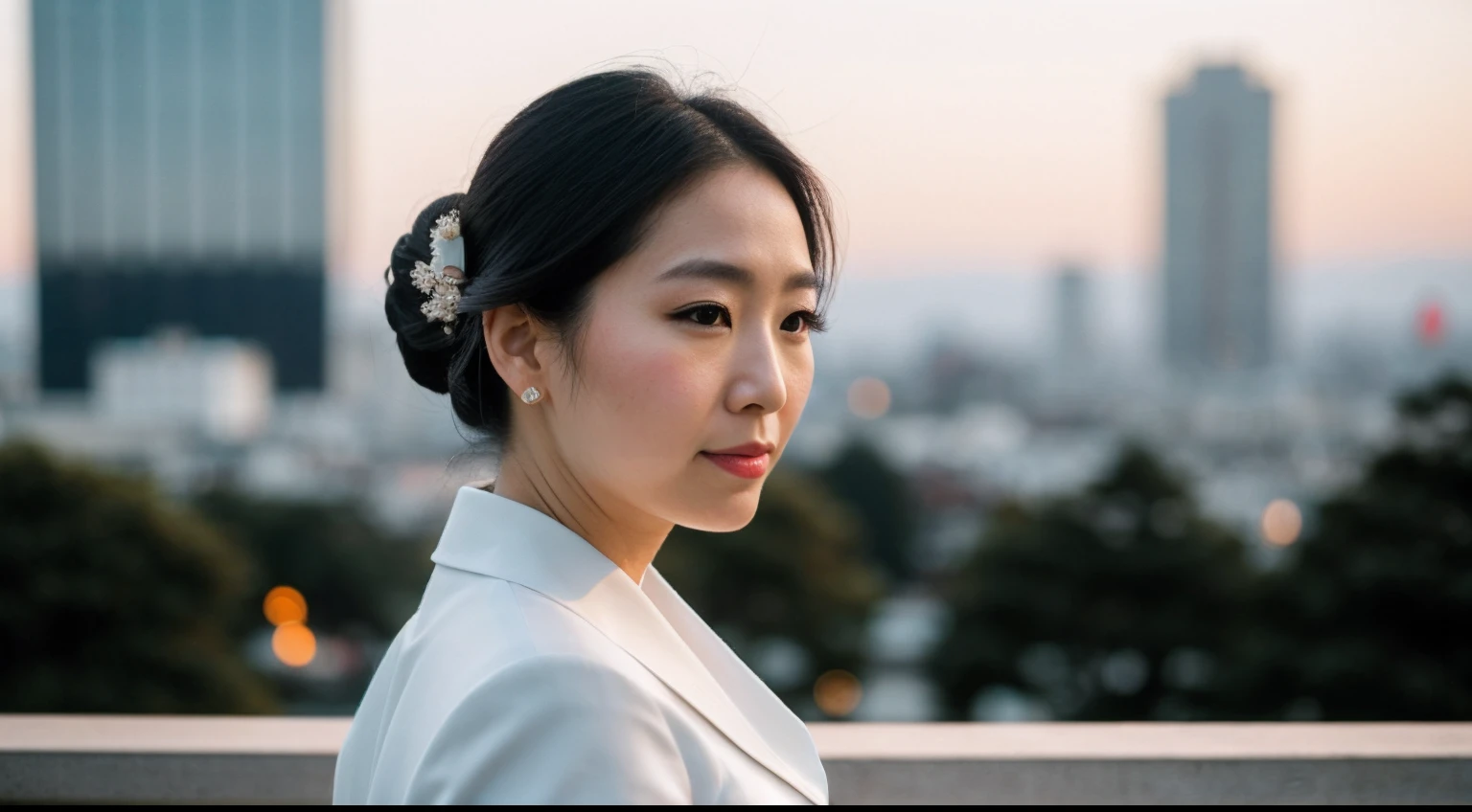 instagram photo, closeup face photo  Capturing the elegance of a Japanese businesswoman in traditional attire against a contemporary urban backdrop, cultural fusion, Sony A7R IV with 50mm f/1.4 lens, dusk lighting, lifestyle photography.