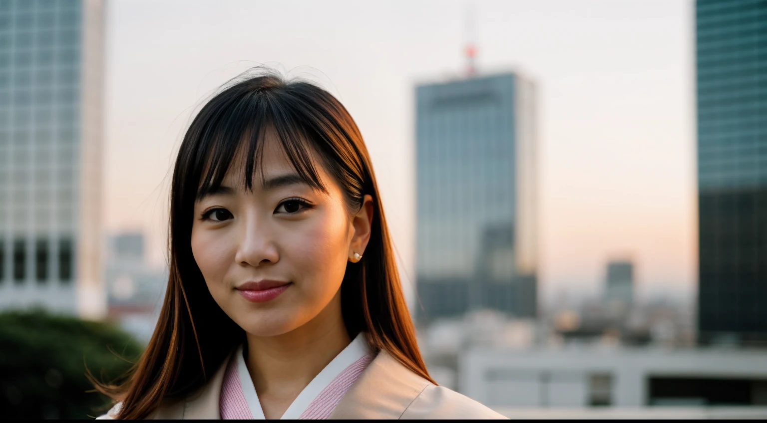 instagram photo, closeup face photo  Capturing the elegance of a Japanese businesswoman in traditional attire against a contemporary urban backdrop, cultural fusion, Sony A7R IV with 50mm f/1.4 lens, dusk lighting, lifestyle photography.