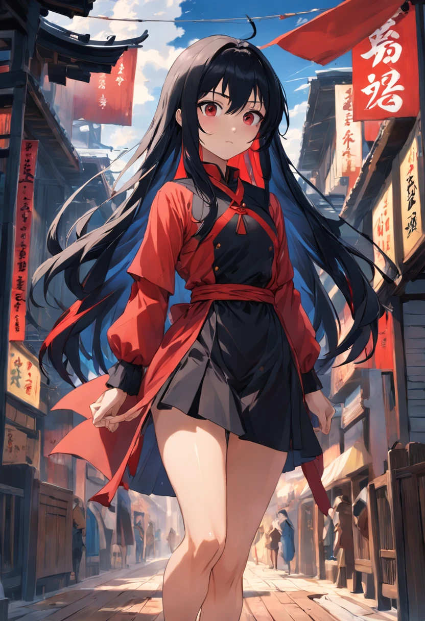 Woman with wooden joints on her right hand and left leg,Long black hair,Upper body red,Black dress below