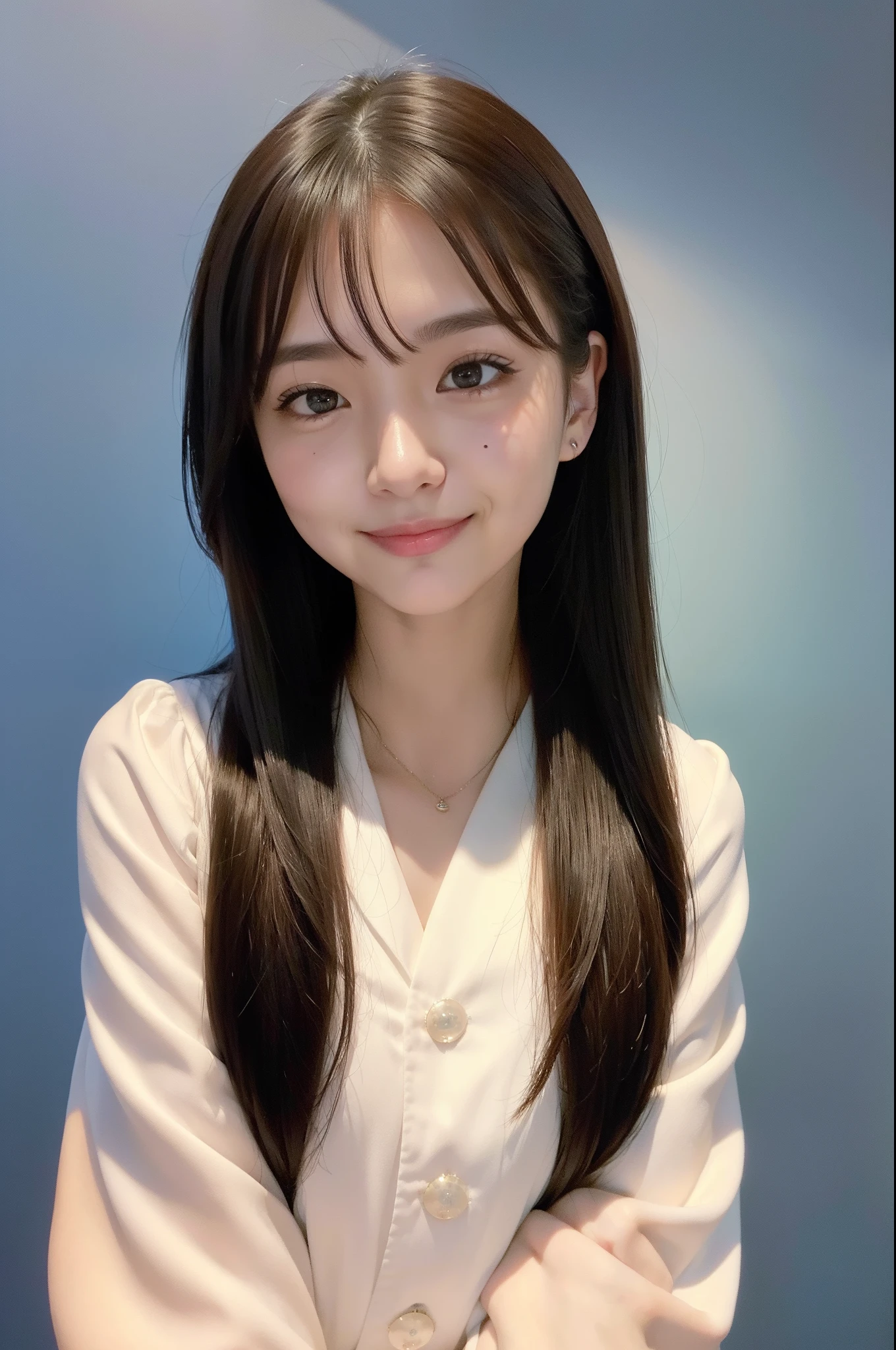 1girl in、japanes、a very cute、very smiling、、Hurraying Pose、(Photorealsitic、hight resolution:1.4)、Staring at the viewer、(in 8K、Raw photography、top-quality、masterpiece:1.2)、(realisitic、Photorealsitic) :1.37)、(foco nítido:1.2)、Professional Writing、photon maping、Radio City、Physically Based Rendering、(de pele branca:1.2)、Viewer's Perspective、(Middle hair:1.5)、portlate、(symple background:1.4)、独奏、realisitic、(masterpiece:1.4)、(top-quality:1.4)、(glowy skin)、blouse、Regular Bust