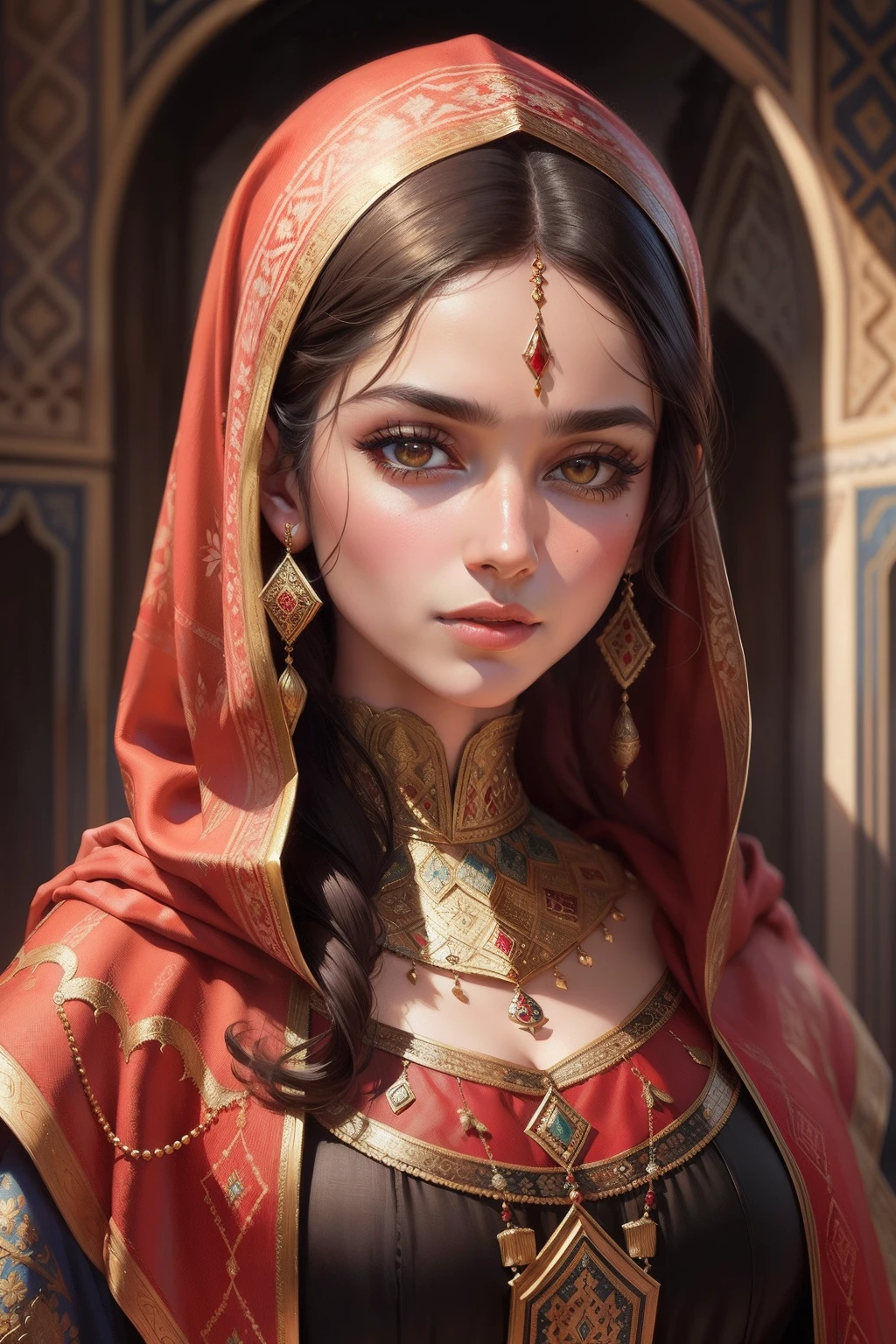 persian folktale art style, Old Iranian tiling, old, Iranian, ceramic, real, very real, close-up, a tile, carpet painting, Iranian calligraphy, Iranian, beautiful, miniature, painting, painting of a woman in a red and gold shawl, beautiful iranian woman, very beautiful portrait, qajar art, painting of beautiful, beautiful portrait of a woman, impossibly beautiful portrait, oil painting of realistic woman, in style of old painting, intricate beautiful painting, detailed beautiful portrait, masterpiece work of art, by Ambreen Butt, painting of a woman