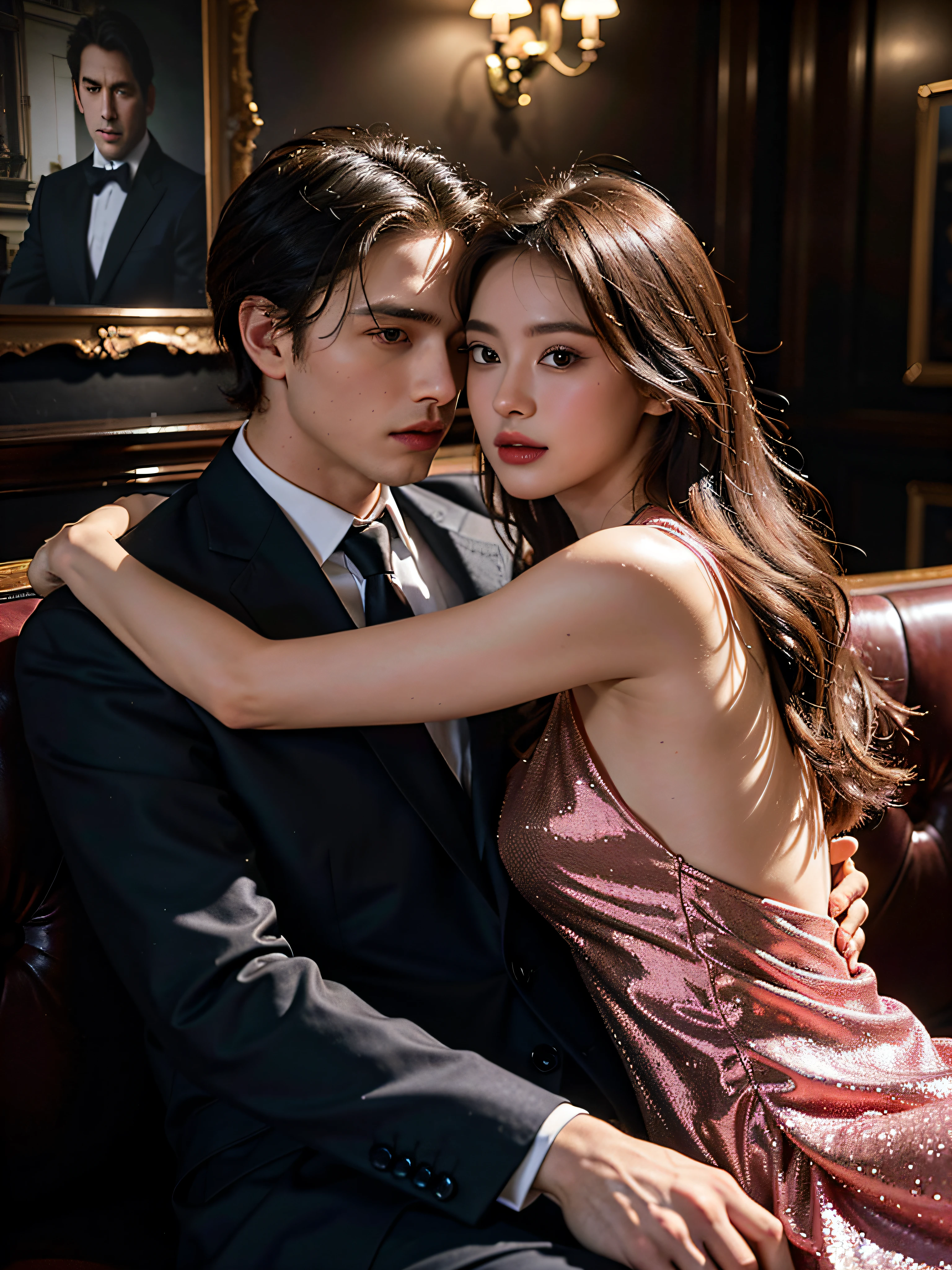 Top quality, masterpiece, ultra high resolution, (photorealistic: 1.4), (1 male, 1 female: 1.2), raw photos, dark cabaret club interior, (man and woman sitting on a high-class sofa enjoying excessive skinship: 2), (staring at each other: 1.5), , men and women in their 20s, hugs, kisses, (women are wearing luxurious and sexy party dresses, men are in formal suits :1.2), perfect face, perfect body, perfect clothes, perfect anatomy, movie lighting, romantic indirect lighting, detailed and delicate drawing, gaze does not look at the front