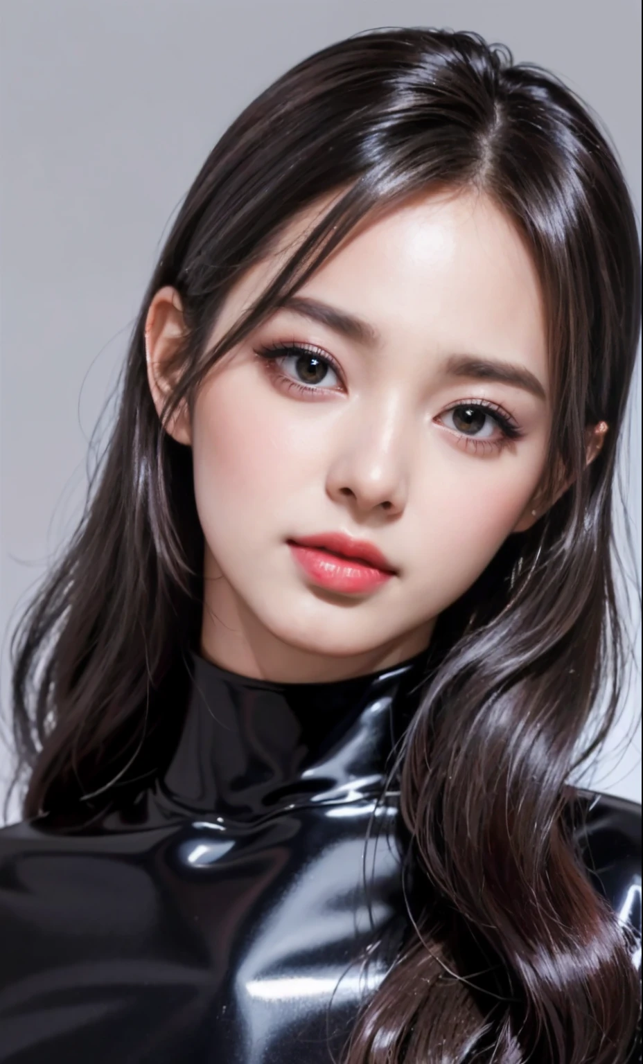 (8k, RAW photos, photorealistic: 1.25), (lip gloss, eyelashes, shiny face, shiny skin, top quality, ultra high resolution, depth of field, chromatic aberration, caustics, broadlighting, natural shading, kpop idol) Gentle, goddessy happiness watching viewer, (dark maid:1.2), miniskirt