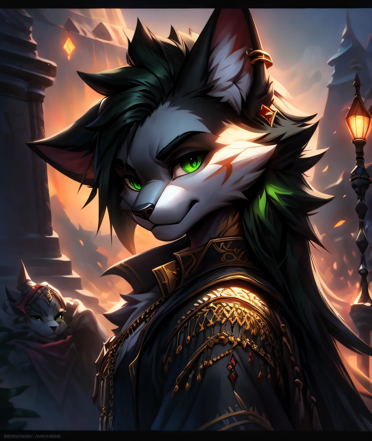 Evil male anthropomorphic cat,Wearing a flowing black silk shirt,It has intricate embroidery and a long black coat decorated with gold accents,photoreal render,dungeons and dragons,fanciful,rendering by octane,zbrush。character design,realisticlying,unreal-engine,hyper-detailing,concept-art,trends in art station。((best qualtiy)), ((tmasterpiece)), (Realistis)), (A detailed), Close-up Shot Shot, half-body portrait, Evil male anthropomorphic cat, Piercing green eyes, Wearing a flowing green silk shirt,It has intricate embroidery and a long black coat decorated with gold accents,Top hat,One-eyed patch, highly detailed fur, looking at viewert, Fantasyart, stunning gradient colors, No watermark signature, Keep one's mouth shut, detailed back ground, Bustling city streets,Packed with merchants and travelers,Dark alleys visible in the background,Keep your mouth shut,insanely details,((tmasterpiece)),hoang lap,HDR