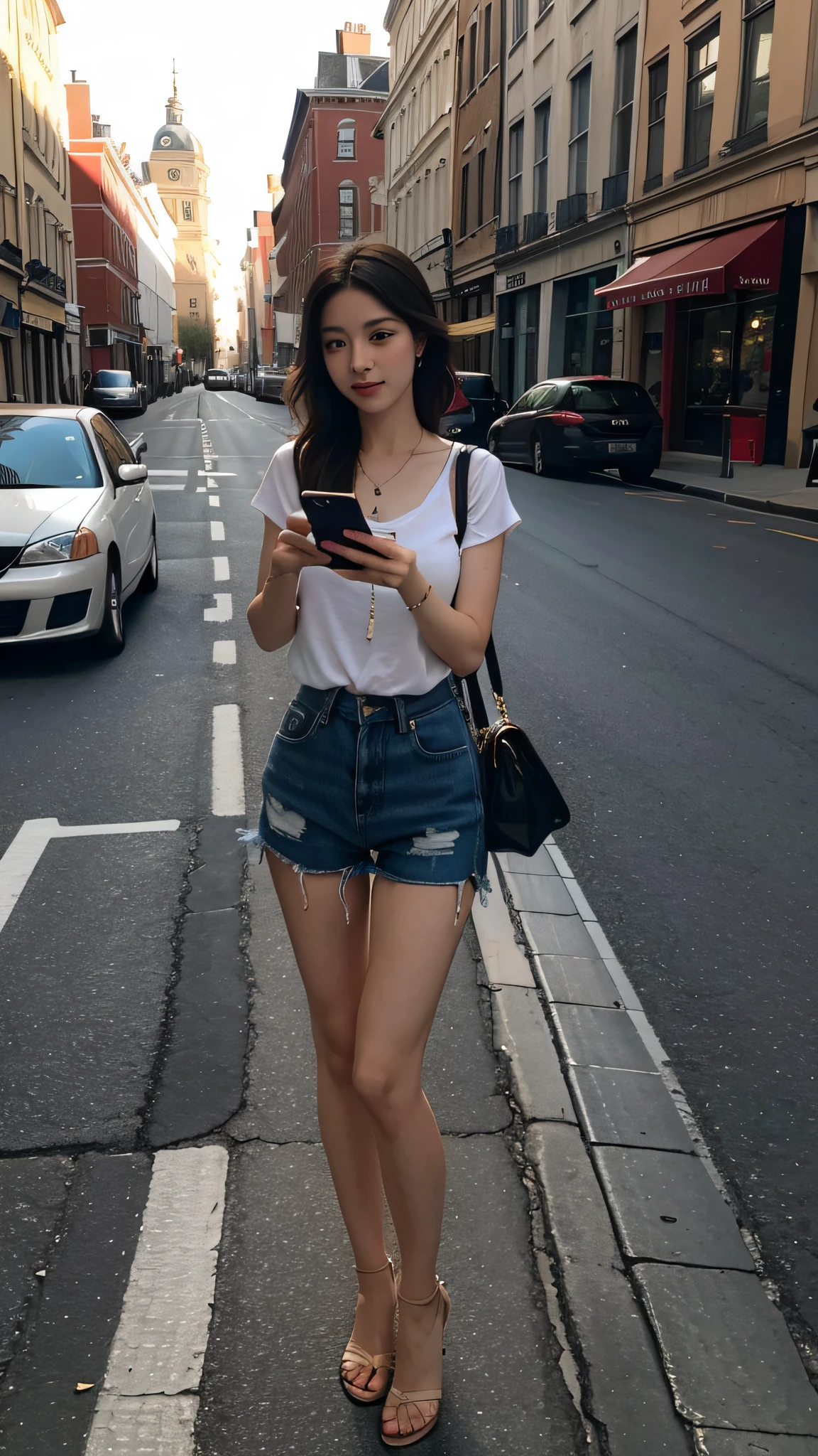 Beautiful woman, fiddling with cell phone in the middle of the street, short clothes
