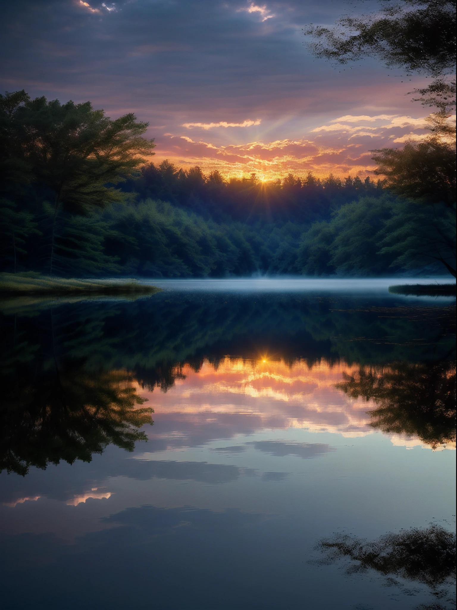 Wallpaper, summer, lake, dawn, forest, clouds, dawn background, depth of field, HD detail, hyperdetail, cinematic, soft light, deep field focus bokeh, ray tracing, diffuse (ultra-fine glass reflection) and realism. --v6