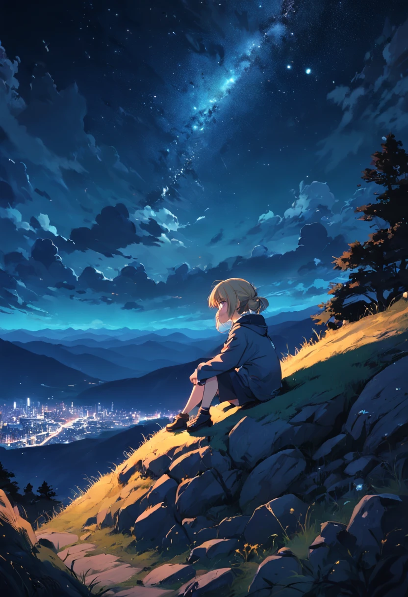 On the top of the mountain at night，The girl crouched on the ground looking at the night sky in the distance