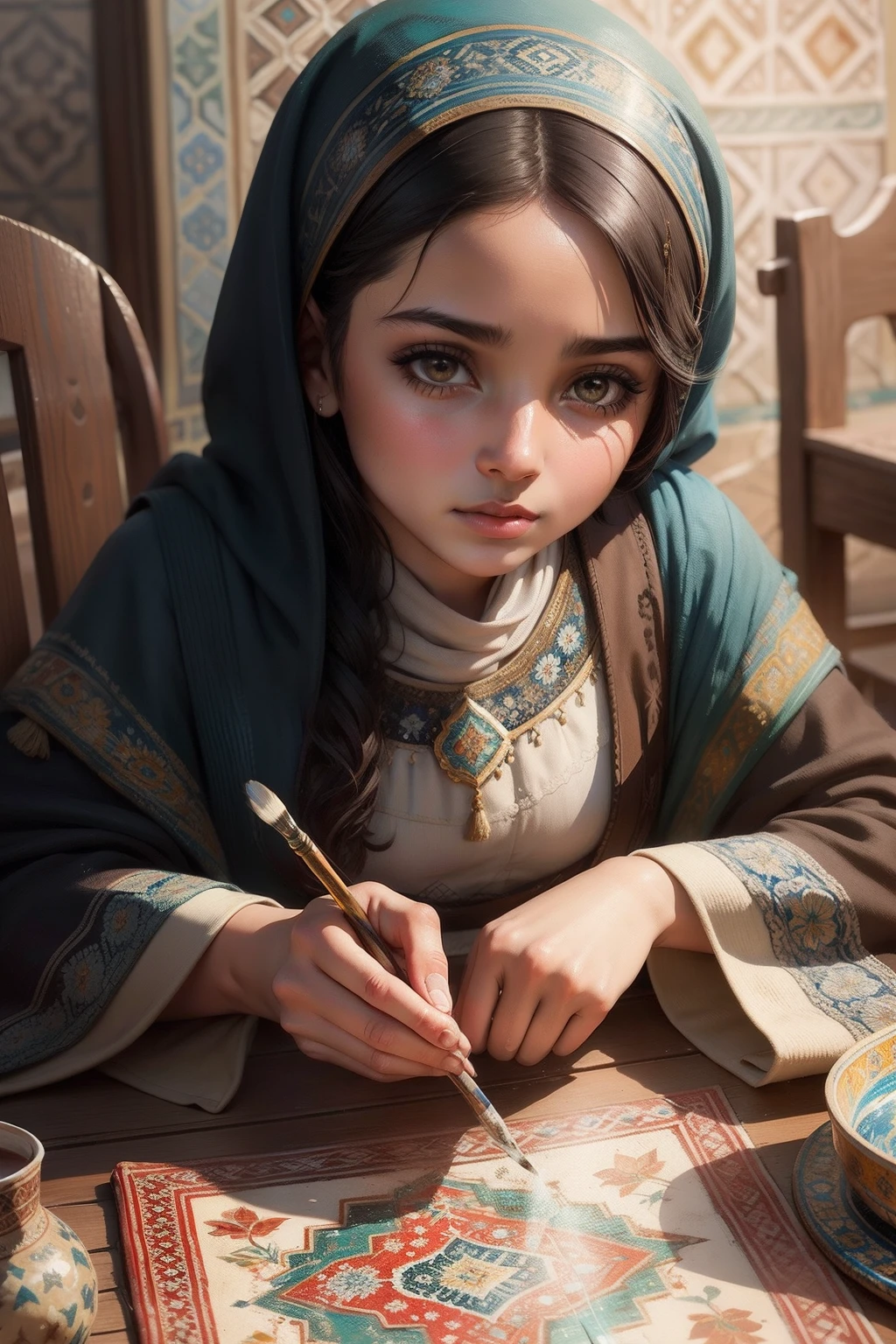 Old Iranian tiling, paint of a girl on a tile, old, Iranian, ceramic, real, very real, close-up, a tile, carpet painting, Iranian calligraphy, Iranian, beautiful, miniature, painting