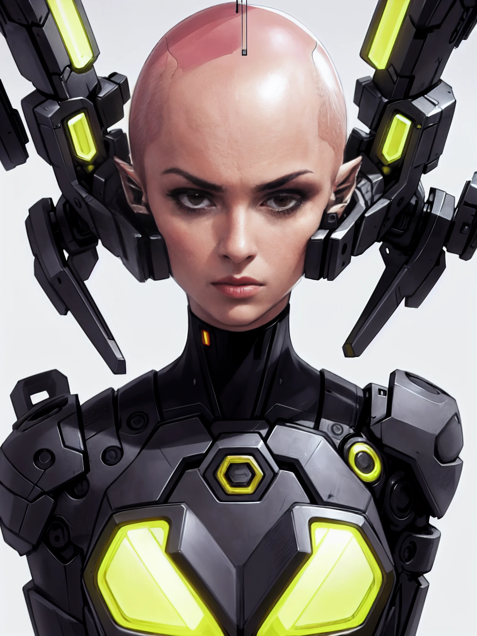 1woman,(bald-headed:1.5),age 25, with brown eye,Cephalic and supracephalic bodies,Expression dementia,Raised sexy,Clear facial features,high qulity,4k hd,With a dull expression,Open-mouthed,mature,glitters,Close-up of the head,Tubes are inserted into the brain, Orange top,no underwares,fusion with machines,with light glowing,busts,super high image quality,Close-up above the chest, punk,Scattered parts, stand,Machineized palm,