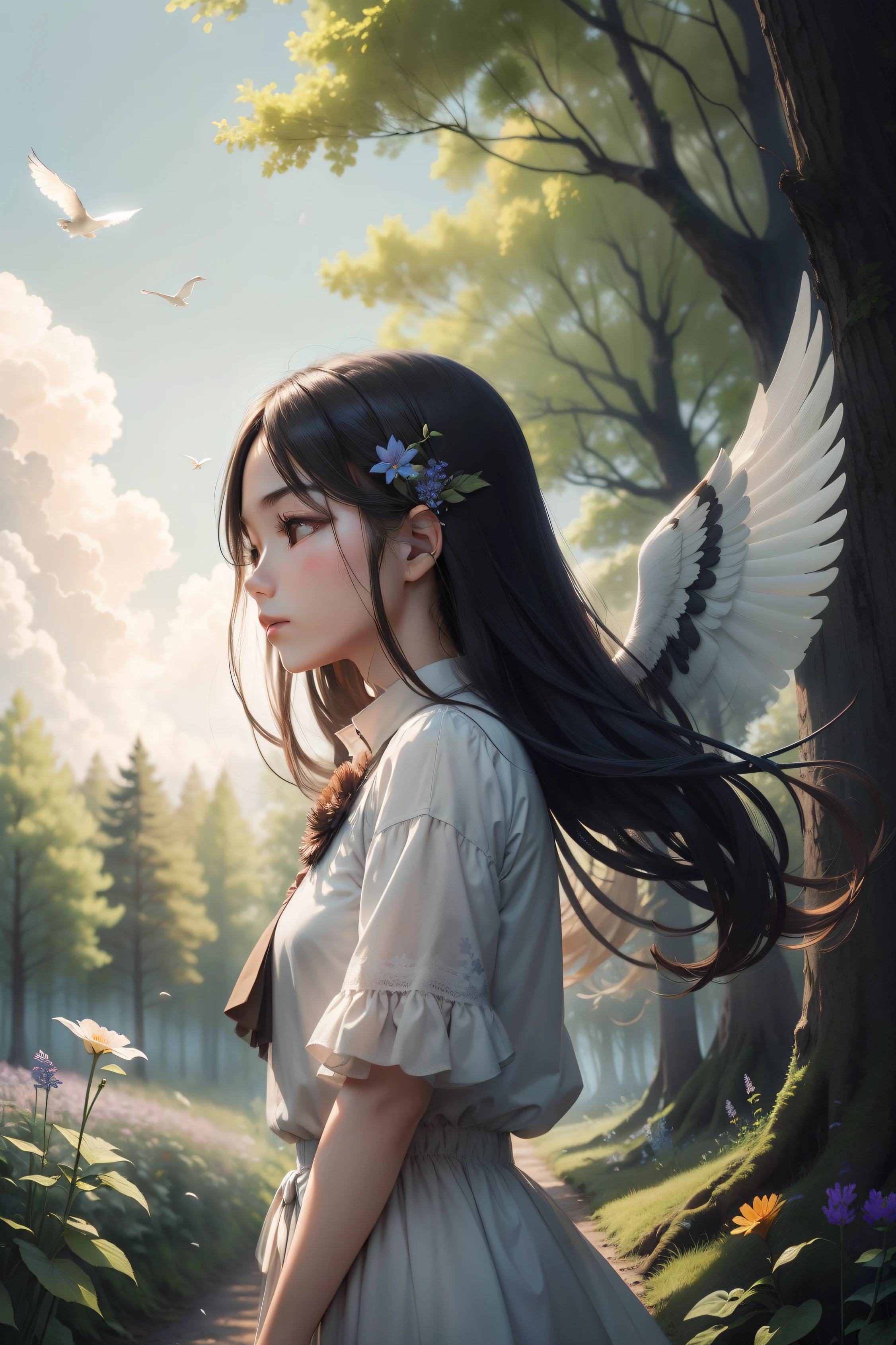 The clouds are dense,Shade the sun,Quiet in the woods,Suddenly a bird flew by,Break the silence。Birds moving through the woods,Wings flapping,Faint sound。Wildflowers bloom at the edge of the woods,Exudes a light aroma。Tender and delicate petals,gently swaying in the breeze。The whole scene is peaceful and beautiful,It's as if time stands still。Clouds、the woods、flying birds、Wildflowers are intertwined,Form a harmonious picture。