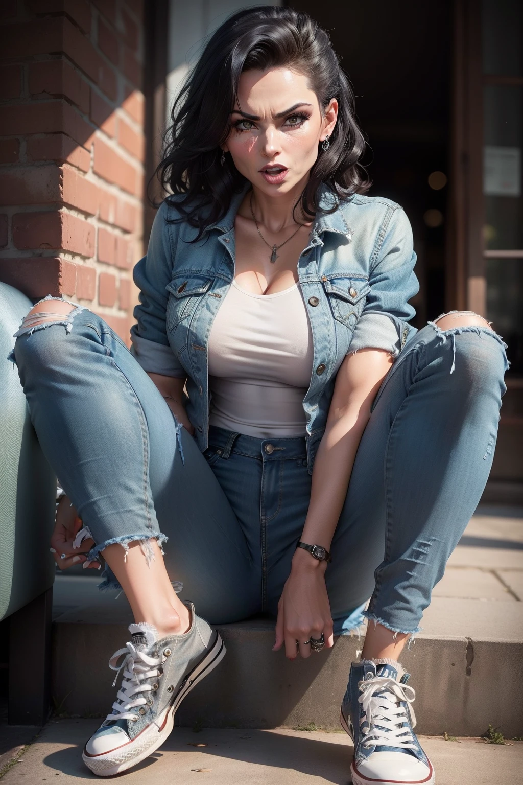 mid 40s milf, converse shoes, denim jeans, surprised, mouth slightly agape, sharp features, mean looking, goth, ripped jeans