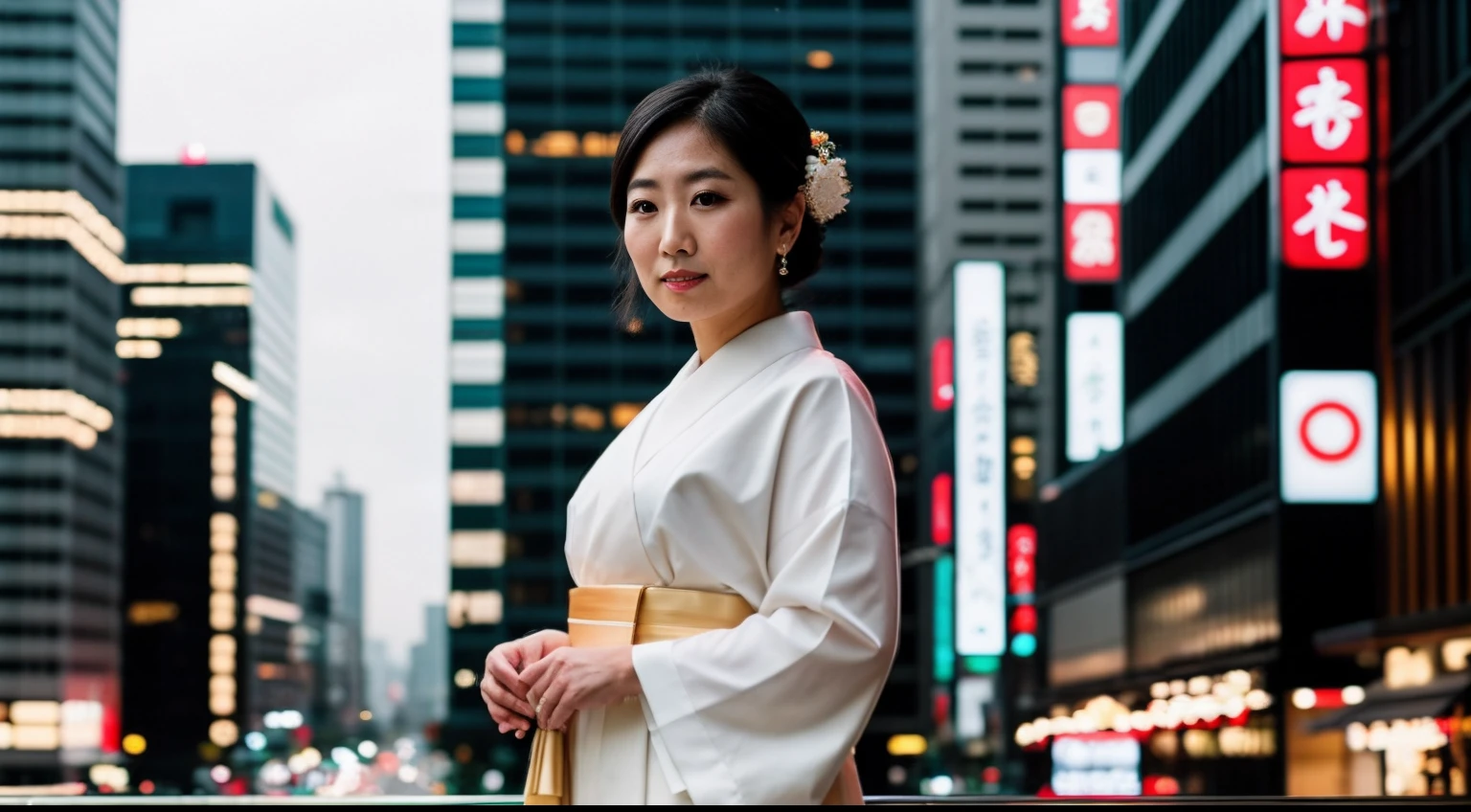 instagram photo, Capturing the elegance of a Japanese businesswoman in traditional attire against a contemporary urban backdrop, cultural fusion, Sony A7R IV with 50mm f/1.4 lens, dusk lighting, lifestyle photography.