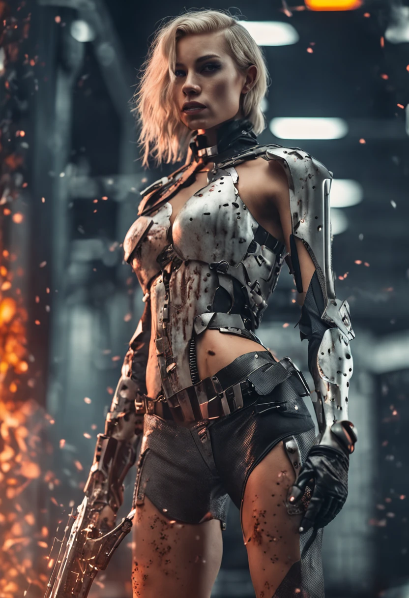 Masterpiece, a beautiful Cyborg woman, ((Marilyn Monroe:Michelle Pfeiffer:0.5)), (sexy Cyborg armor), (medium breasts), (perfect body), (blonde matted hair), free vagina, (short hairstyle), welding a fiction sword, outside, dirty, spattered with blood,(skin texture:1.1), best quality, ultra high res, Raw photo, Nikon D850, backlight, rimlight, bright sunlight, film grain:1.2, (warm hue, warm tone:1.2), (color photo), fantasy battlefield background
