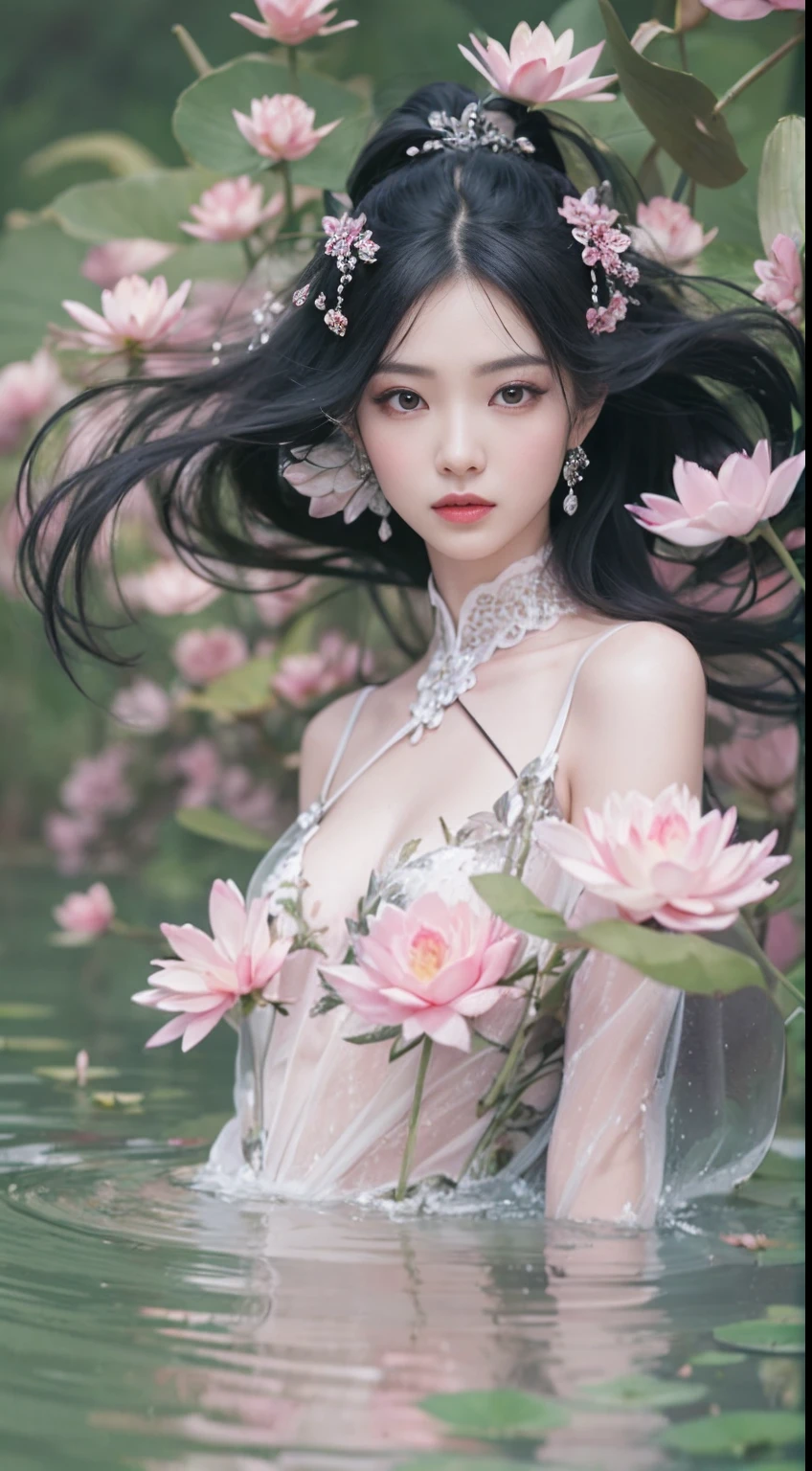 Classical Chinese beauty,Long flowing black hair,standing in a pond,Exposed in white tulle,crisp breasts , Full body photo(Abstract gouache splash:1.2), Pink petal background,Pink and white lotus flowers fly(realisticlying:1.4),Black color hair,Fallen leaves flutter,The background is pure, A high resolution, the detail, RAW photogr