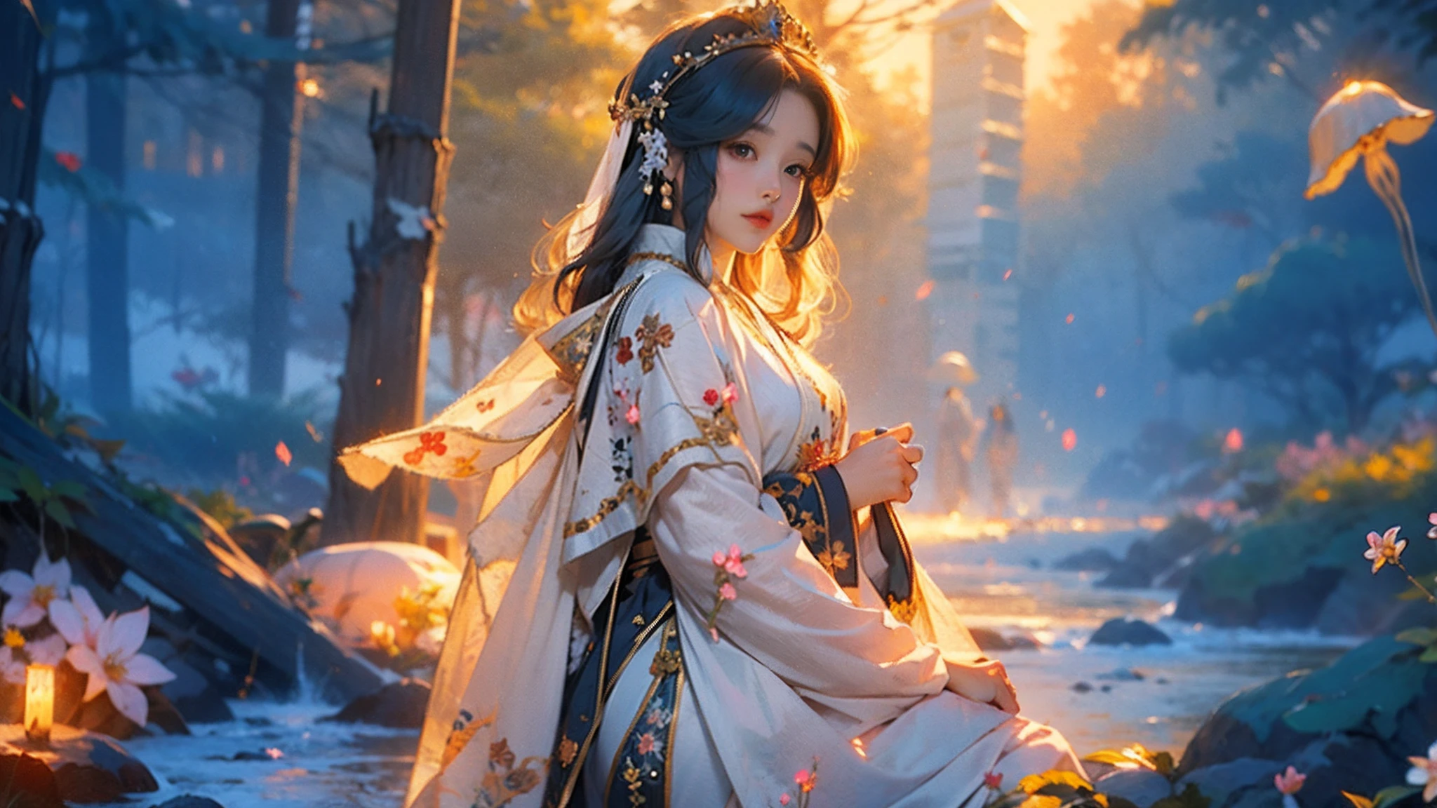 Anime girls in white and black dresses，Long hair shawl，((a beautiful fantasy empress))，palace，A girl in Hanfu，a beautiful fantasy empress，heise jinyao，anime goddess，flowing hair and long robes，lovely languid princess，onmyoji portrait，inspired by Ma Yuanyu，flowing white robe，sakura petals around her。