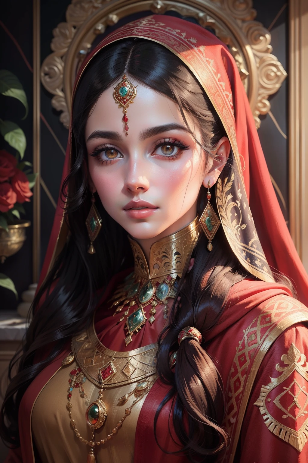 Painting on the tile wall, painting of a woman in a red and gold shawl, beautiful iranian woman, very beautiful portrait, qajar art, painting of beautiful, beautiful portrait of a woman, impossibly beautiful portrait, oil painting of realistic woman, in style of old painting, intricate beautiful painting, detailed beautiful portrait, masterpiece work of art, by Ambreen Butt, painting of a woman