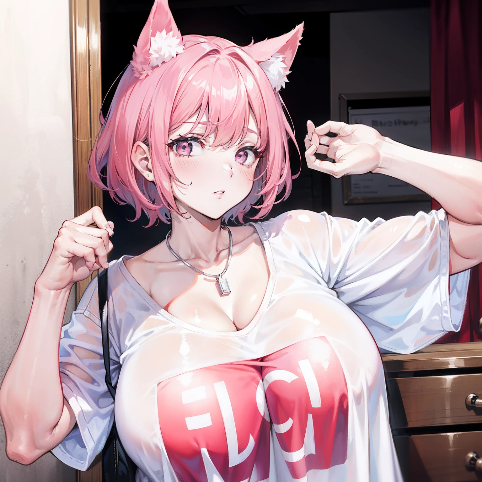 Short hair dyed red,Super fat ugly woman,The face is full of wrinkles and pimples,Looks old,Sallow skin,Wearing a milky white T-shirt,A silver necklace was worn around his neck,It has pink fox ears
