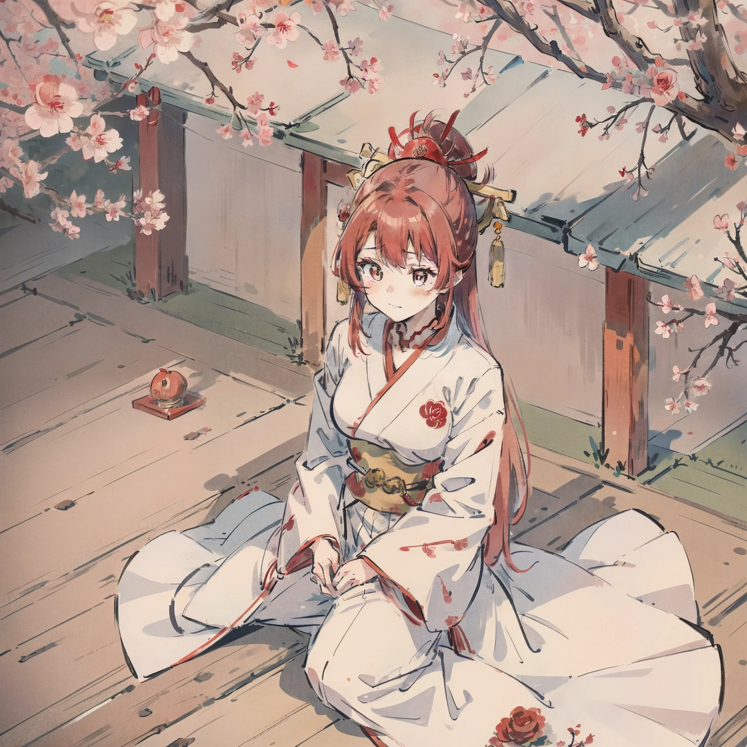 20yr old,Japan Priestess,Red long-haired,rose red eyes,White upper and red witch costume below,Little yellow duck toy,A tranquil,gentleness,under a sakura tree,shrines。。Uesugi Eri