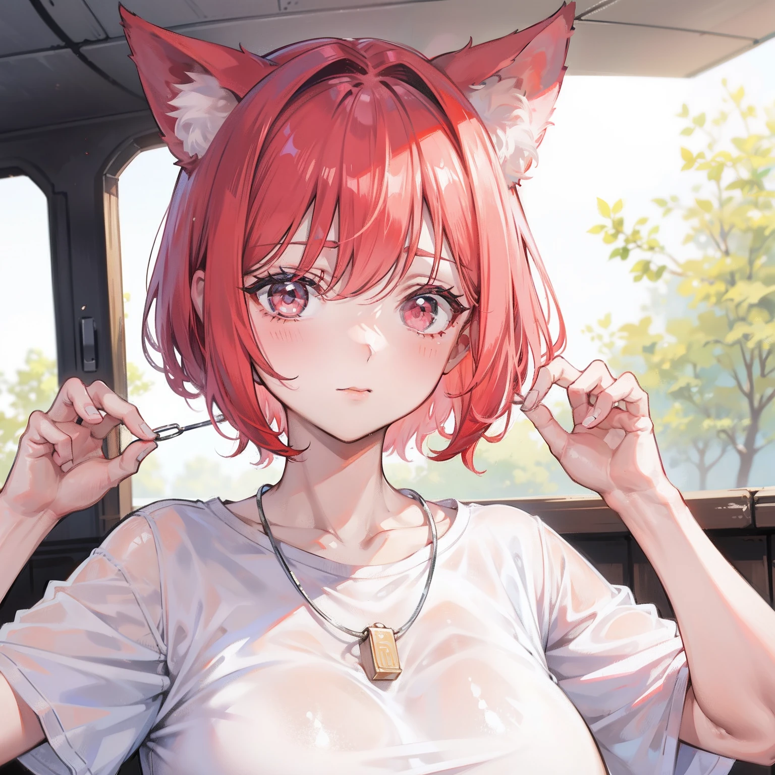 Short hair dyed red，Super fat ugly woman，The face is full of wrinkles and acne，Looks old，Sallow skin，Wearing a cream white T-shirt，A silver necklace is worn around his neck，It has pink fox ears