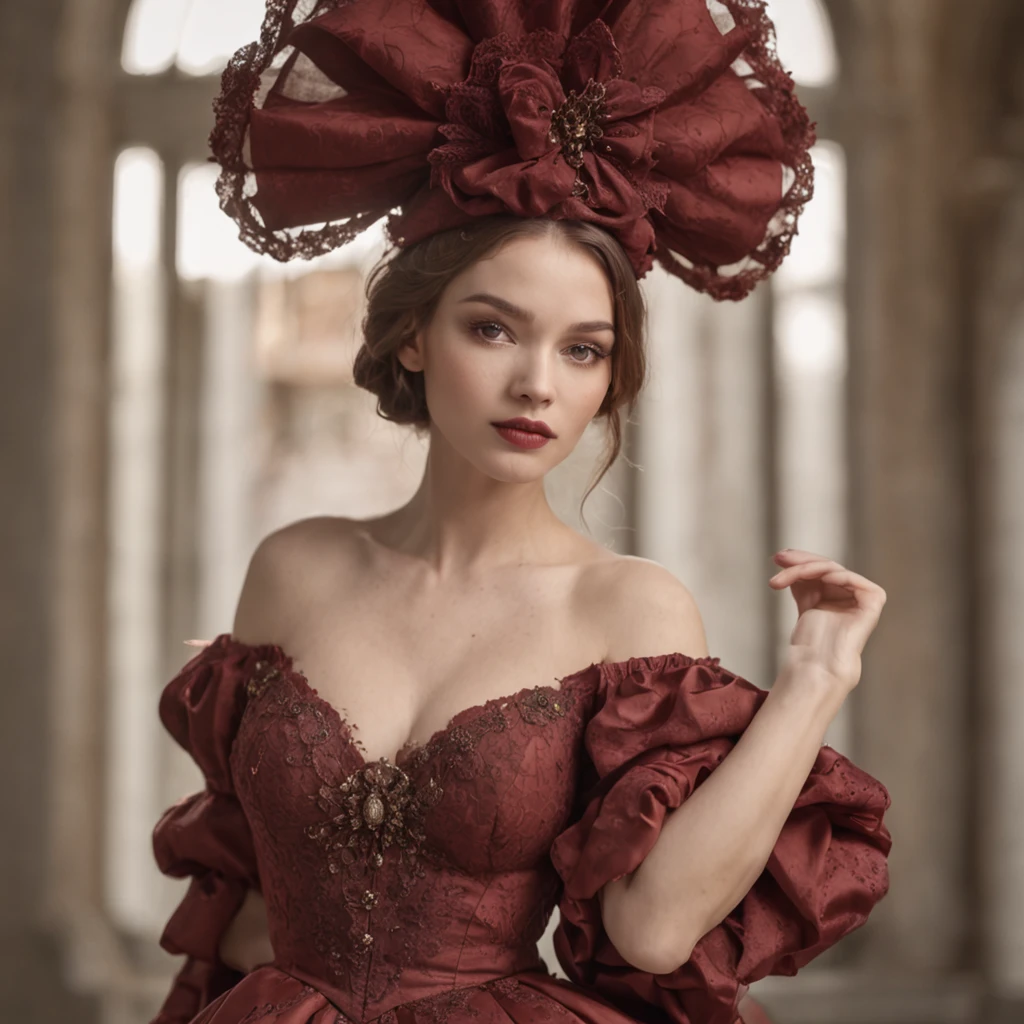 impressive huge dress, 

rococo style, 

detailed face features, 

ultra high quality model, 

big neck collar, 

hat, 

cinematic surrealist portrait, 

Fujifilm GFX 16mm F4, 

captivating hard, 

cinematic shot, 

warm red colors, 

satisfying atmosphere, 

captivating scene, 

realist aspect, 

impressive, 

high (definition, 

resolution, 

detailed, 

uality photo), 

photorealistic