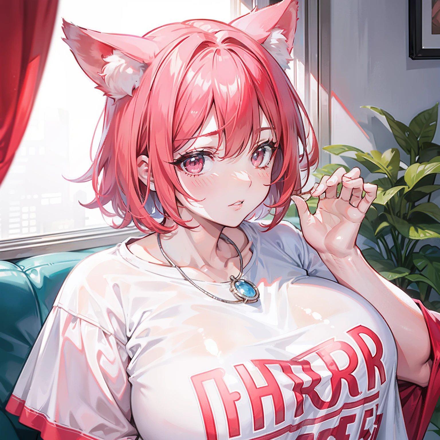 Short hair dyed red，Super fat ugly woman，The face is full of wrinkles and pimples，Looks old，Sallow skin，Wearing a milky white T-shirt，A silver necklace was worn around his neck，It has pink fox ears