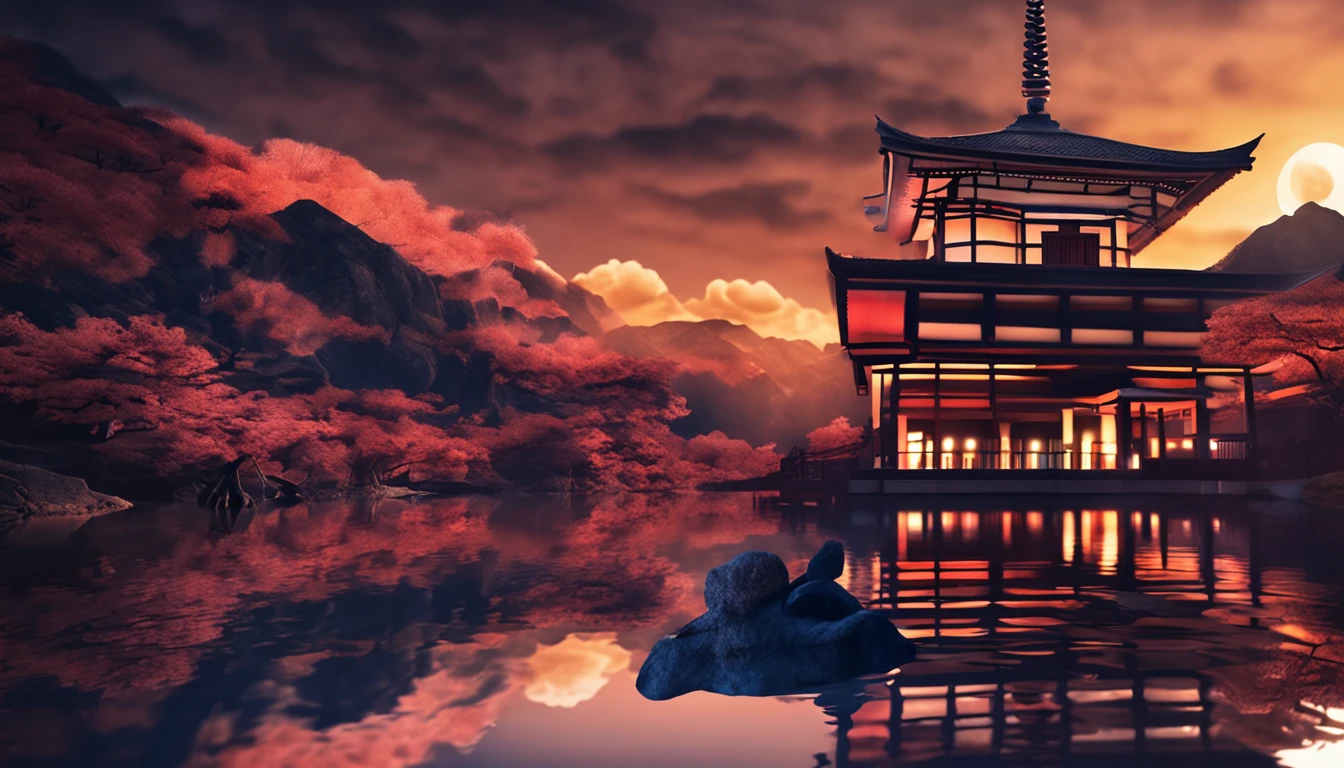 Gorgeous scenery Japanese meditation temple at night lit by candles and blurred background (obra-prima) (8k high resolution) (melhor qualidade) (Ultra Definition) (Ultra realista)(Foto RAW) (Foto realista) (bright illumination)