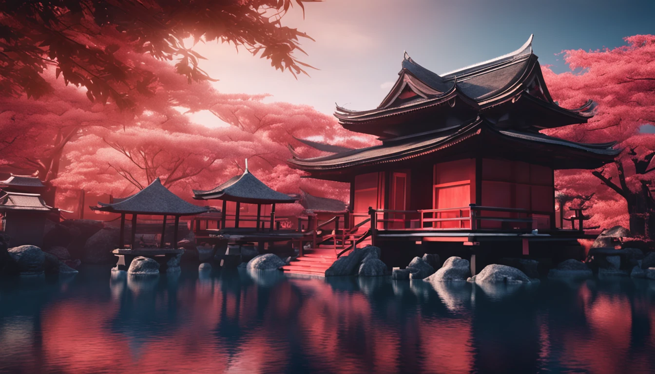 Gorgeous scenery Japanese meditation temple at night lit by candles and blurred background (obra-prima) (8k high resolution) (melhor qualidade) (Ultra Definition) (Ultra realista)(Foto RAW) (Foto realista) (bright illumination)