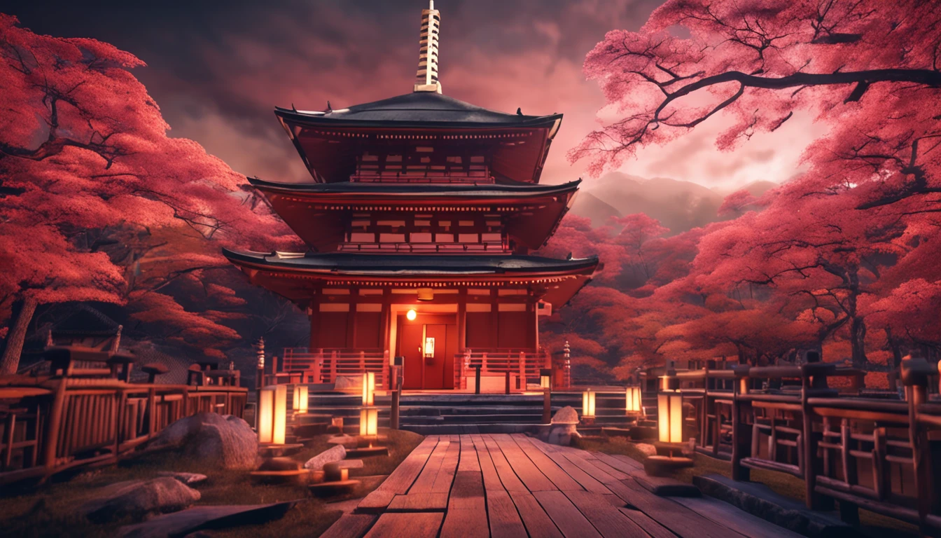Gorgeous scenery Japanese meditation temple at night lit by candles and blurred background (obra-prima) (8k high resolution) (melhor qualidade) (Ultra Definition) (Ultra realista)(Foto RAW) (Foto realista) (bright illumination)