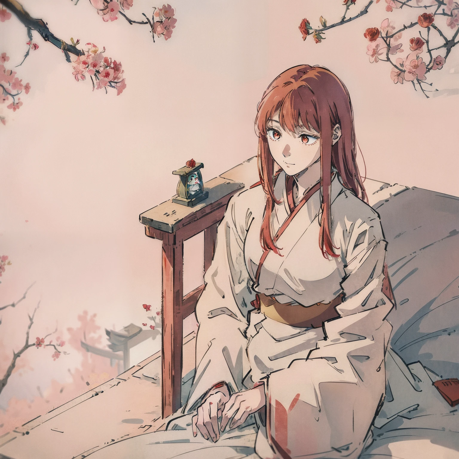 under a sakura tree,shrines。20yr old,Japan Priestess,Red long-haired,rose red eyes,White upper and red witch costume below,Little yellow duck toy,A tranquil,gentleness。Uesugi Eri
