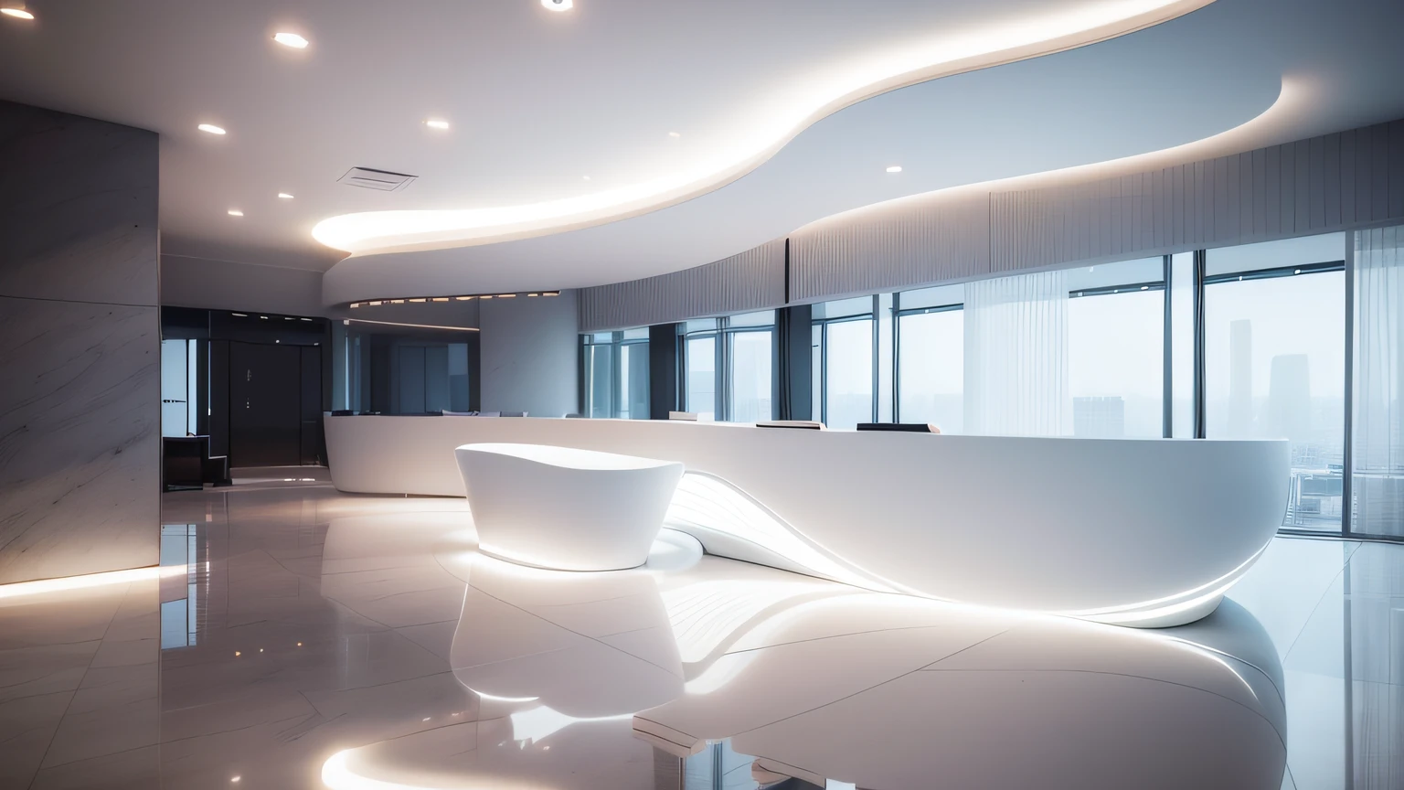 a white reception table with a curved design in a large lobby, lighting turn on in ceiling , back ground is ( perfect ) minimalist white wall ( lighting realistic, see throung office workspace), by Zha Shibiao, minimalist interior, cinematic, details , interior design, great design, white design
