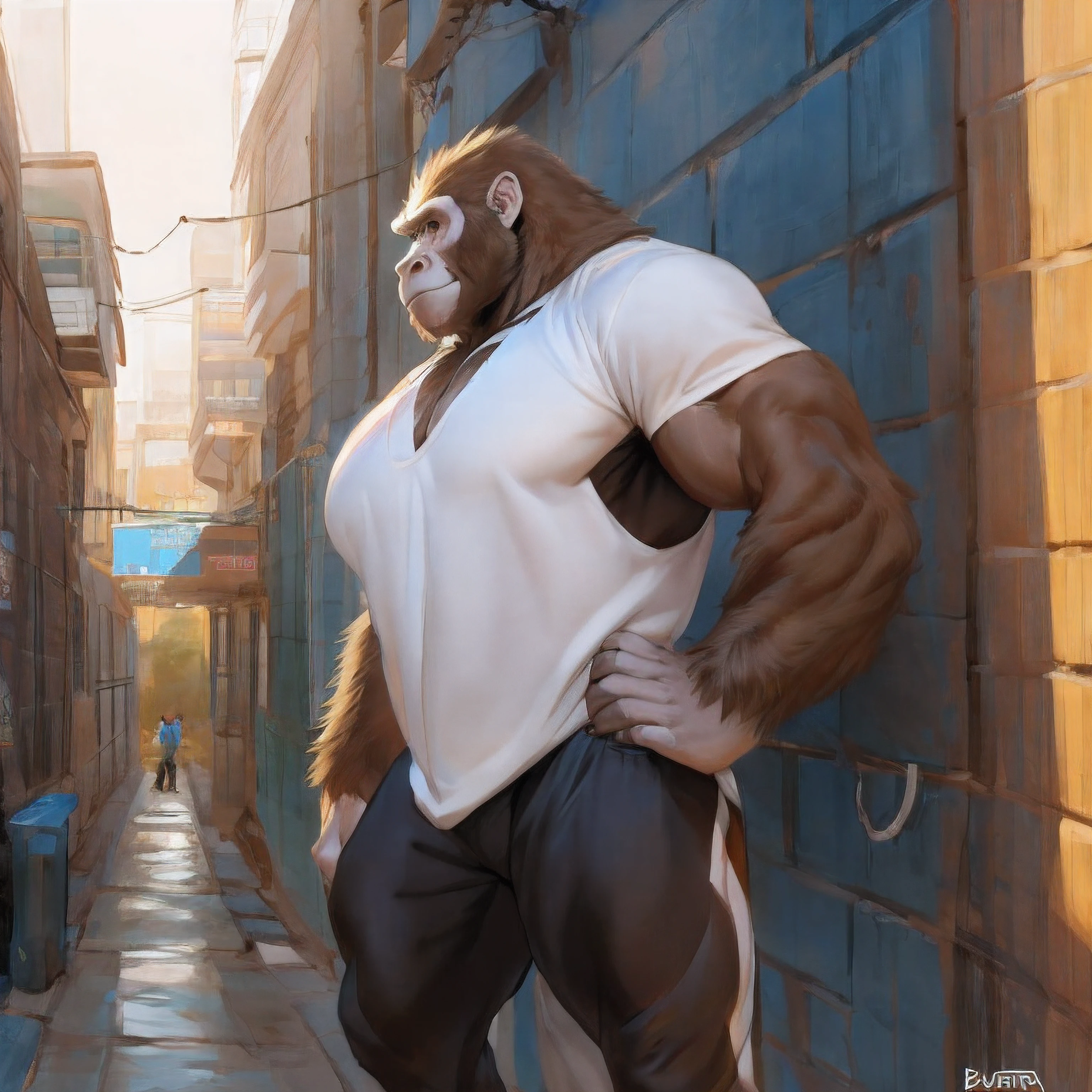 By bebebebebe, by buta99, by chunie, by sonsasu, by danza, solo, 1girl, female, muscular, giant, massive, enormous, gigantic, buff, biceps, smirking, hair, ape, gorilla, brown fur, white spots, white chest fur, naked, alleyway, plants, dramatic lighting, big breasts, blue military spacesuit