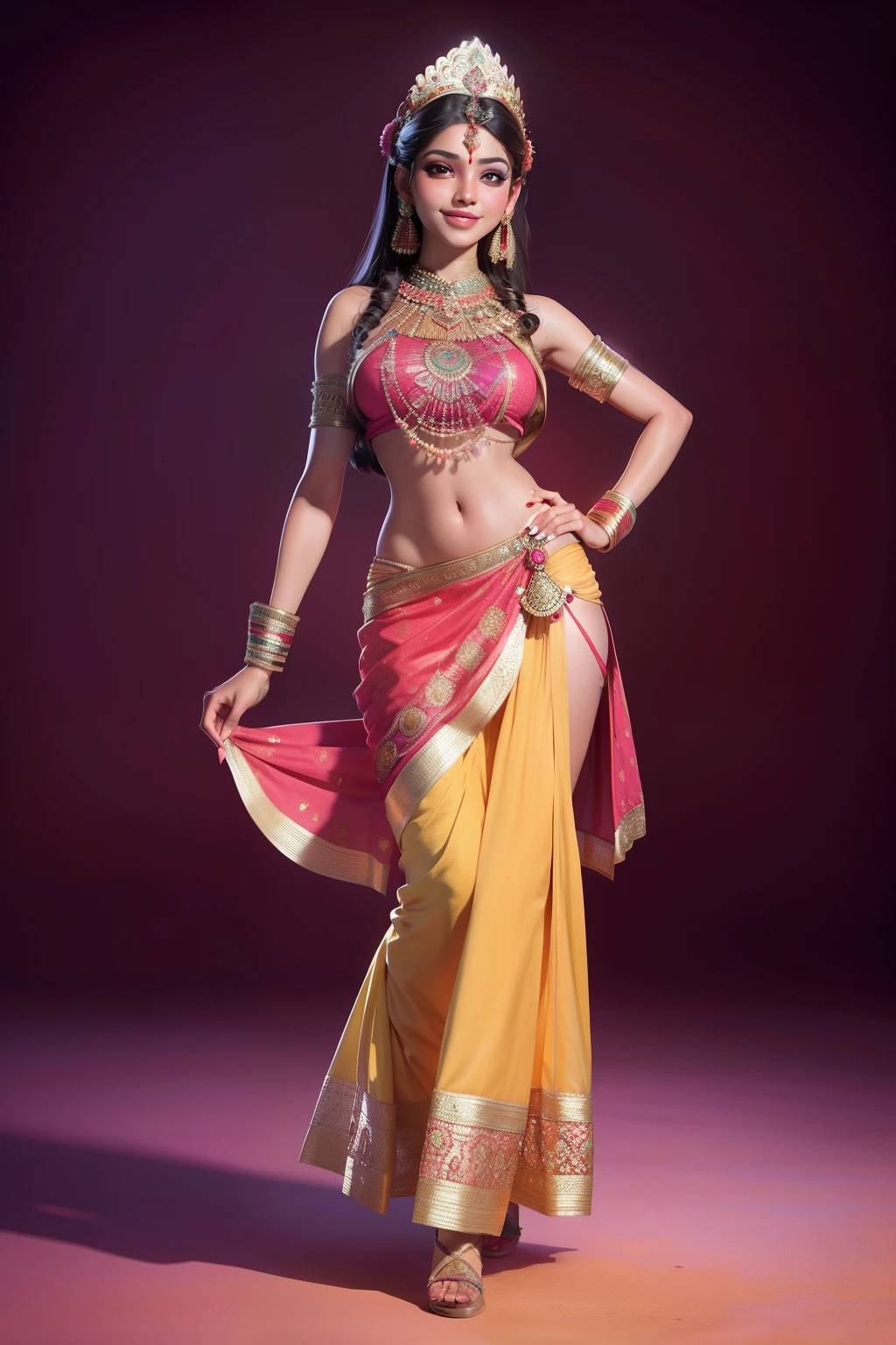 (Highly detailed), (Illustration), (Convoluted), (Beautiful face), (Attractive body), (Complete Body Picture), Modern Indian Goddess, (Transparent Red Sari), Dynamic Pose, God's Crown, (Lion Standing Nearby), Colorful, Eye-catching, Heavenly.