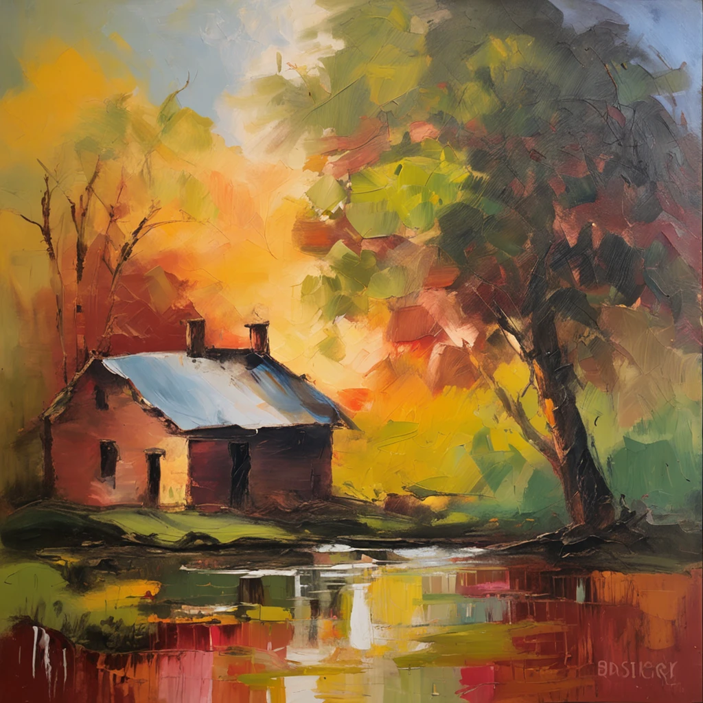 A farm house under the big tree beside the stream, Sunset,  Oil painting, classic style, rich colors, brushstrokes, vibrant textures, expressive portraits, dynamic composition, capturing light and shadow, artistry, timeless beauty.