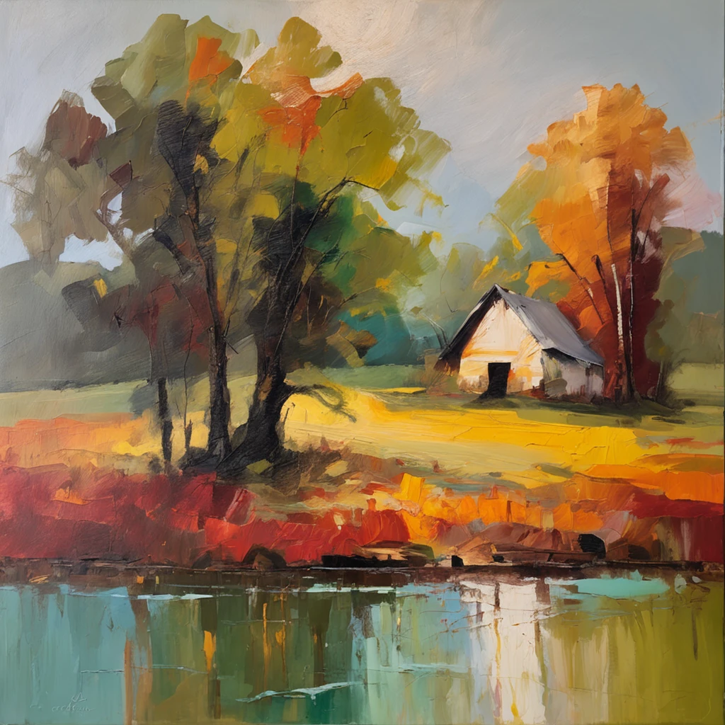 A farm house under the big tree beside the stream, Sunset,  Oil painting, classic style, rich colors, brushstrokes, vibrant textures, expressive portraits, dynamic composition, capturing light and shadow, artistry, timeless beauty.