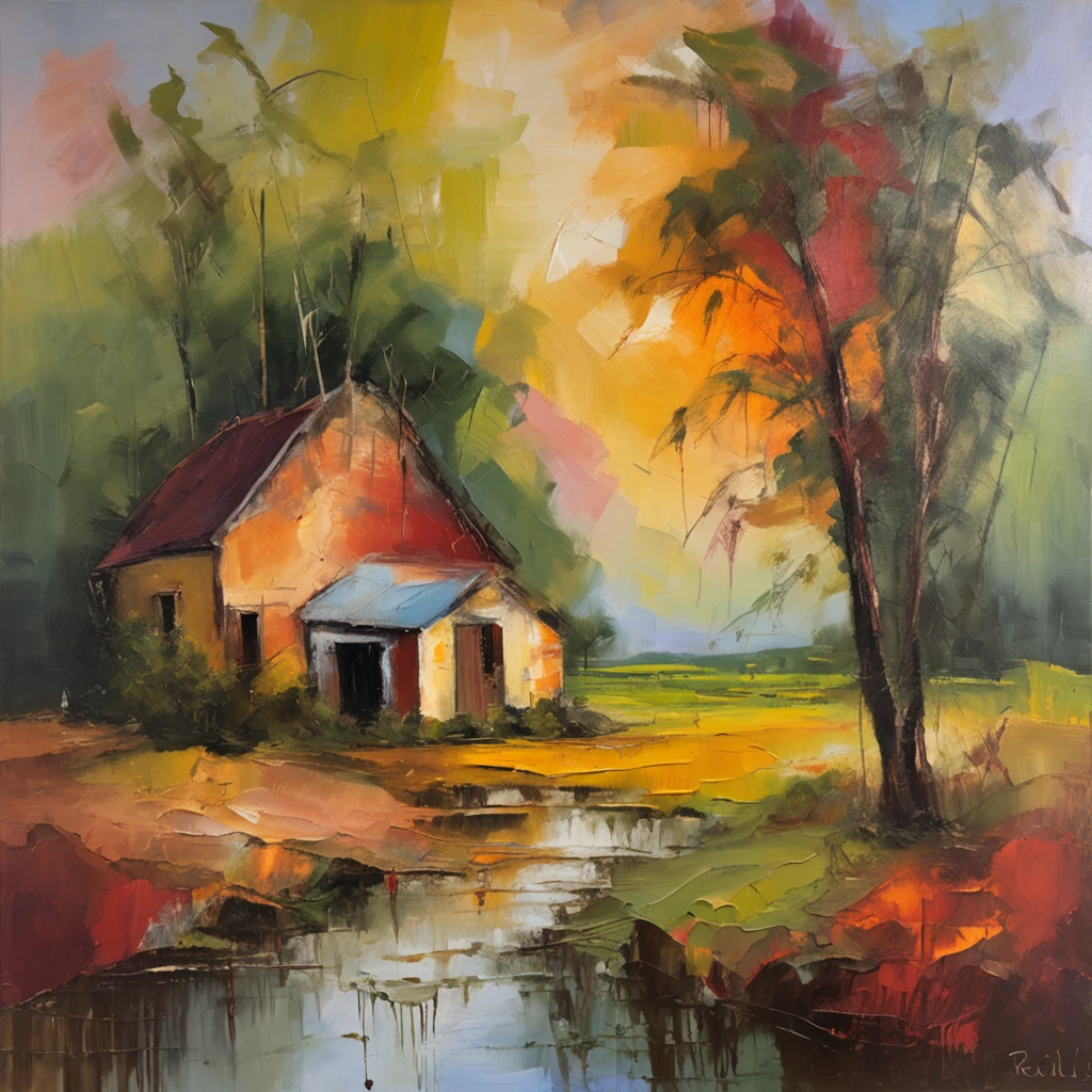 A farm house under the big tree beside the stream, Sunset, Oil painting, classic style, rich colors, brushstrokes, vibrant textures, expressive portraits, dynamic composition, capturing light and shadow, artistry, timeless beauty.