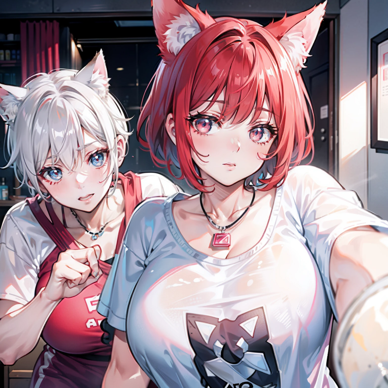 Short hair dyed red，Super fat ugly woman，The face is full of wrinkles and acne，Looks old，Sallow skin，Wearing a cream white T-shirt，A silver necklace is worn around his neck，It has pink fox ears
